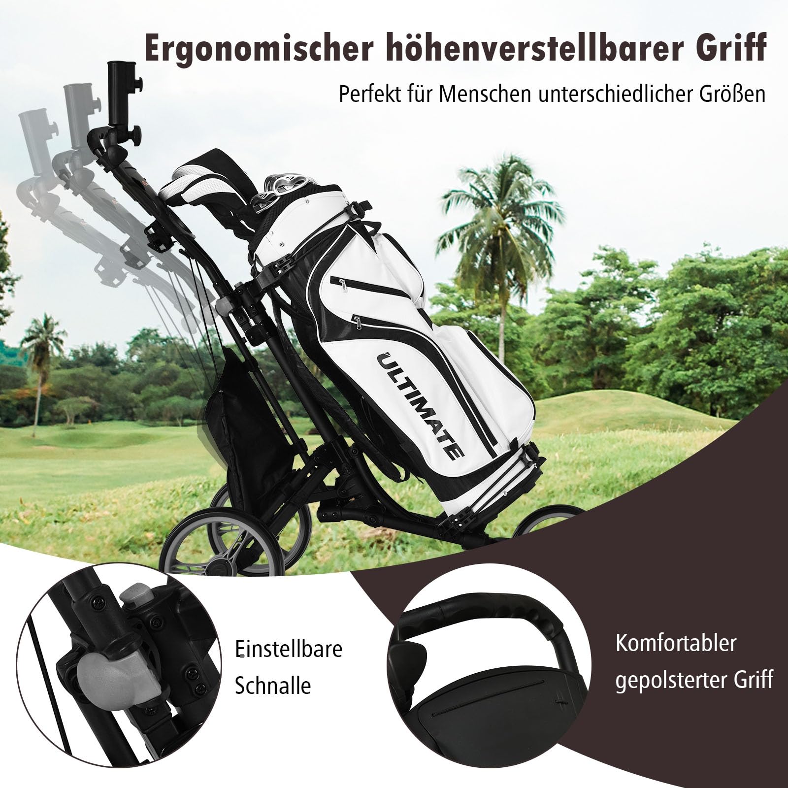 GYMAX Carro de Golf Plegable 3 Ruedas con Asa Ajustable, Soporte Paraguas y Portavasos