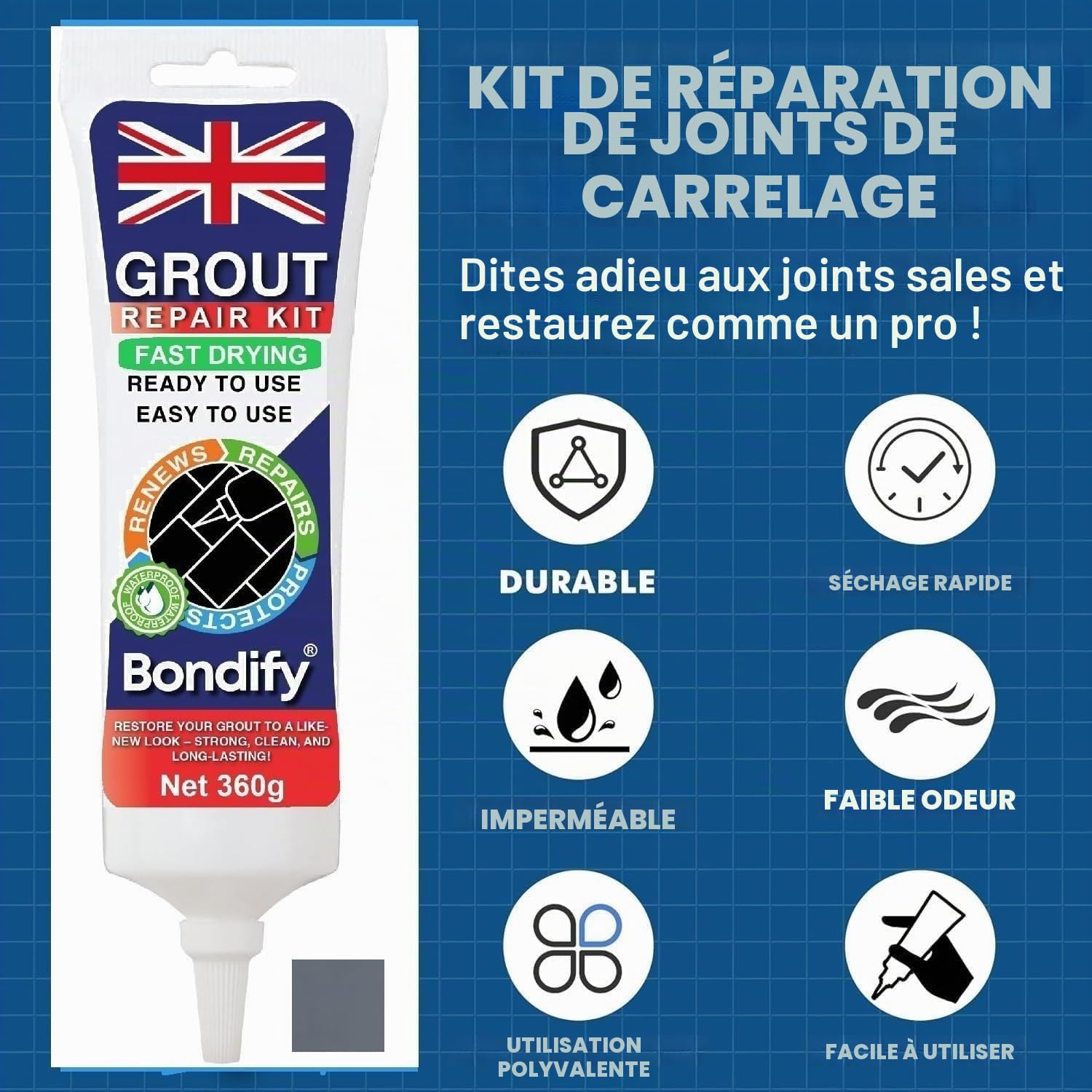 Séchage Rapide Joint Carrelage Gris Foncé Étanche, 380g x 2 Colle Joint Carrelage Salle de Bain pour Douche, Cuisine, Kit Reparation Colle Carrelege Gris Foncé Exterieur & Intérieur, Grout