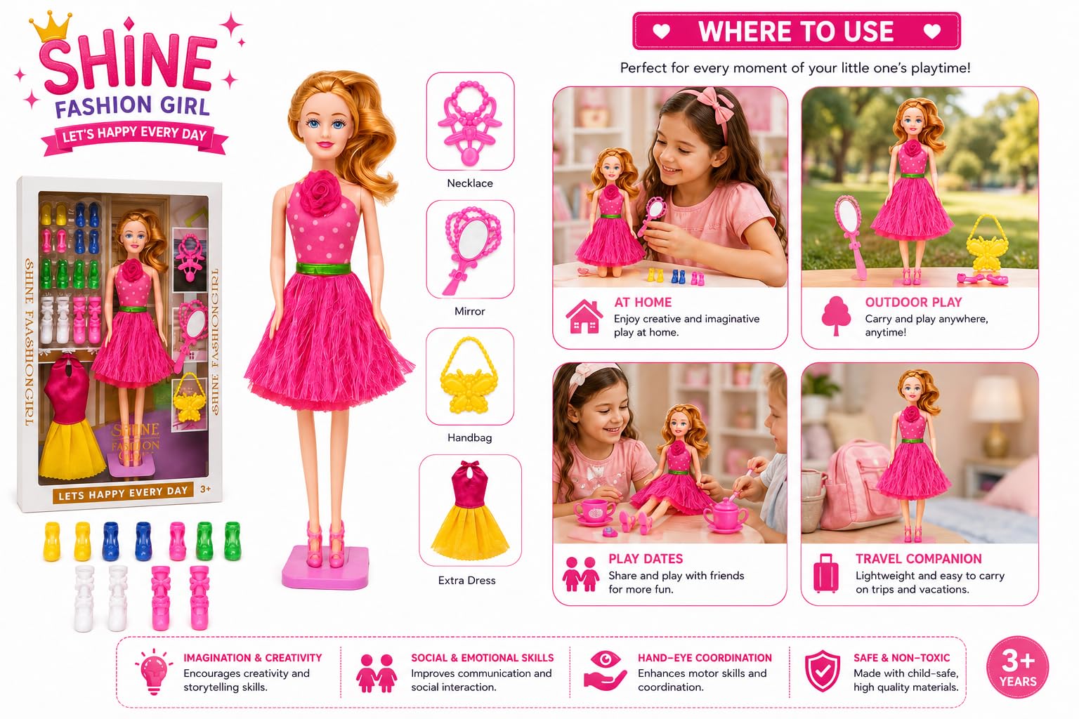 MGT CREATION Foldable and moveable Hand and Leg Doll Set Hair Color Same as Doll Cloths Color (Age 3+) (Color as per Stock), (Bailey Doll) 1
