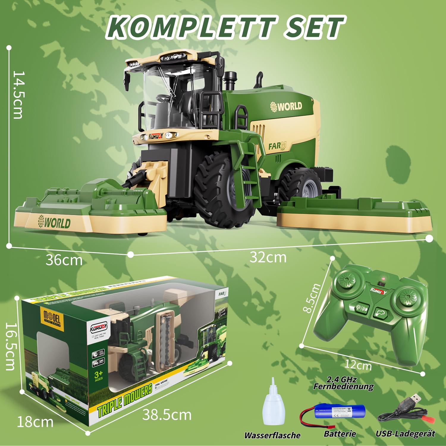 PENGBU RC Falciatrice giocattolo, mietitrebbia telecomandata per bambini, tosaerba, 2,4 GHz, trattore radiocomandato e trituratore di mais con suono/luce/spray, Harvester Trecker
