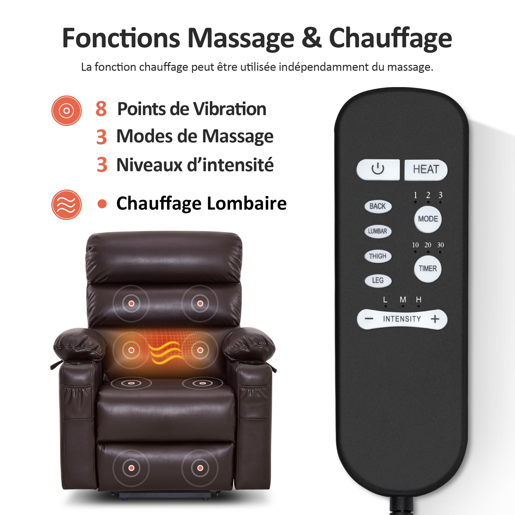 MCombo Fauteuil Releveur électrique, pour Personnes âgées, Fauteuil Relax avec Massage et Chaleur, avec Appui-tête, Repose-Pieds Allongé, Ports USB, en Similicuir, LC001 (Marron)