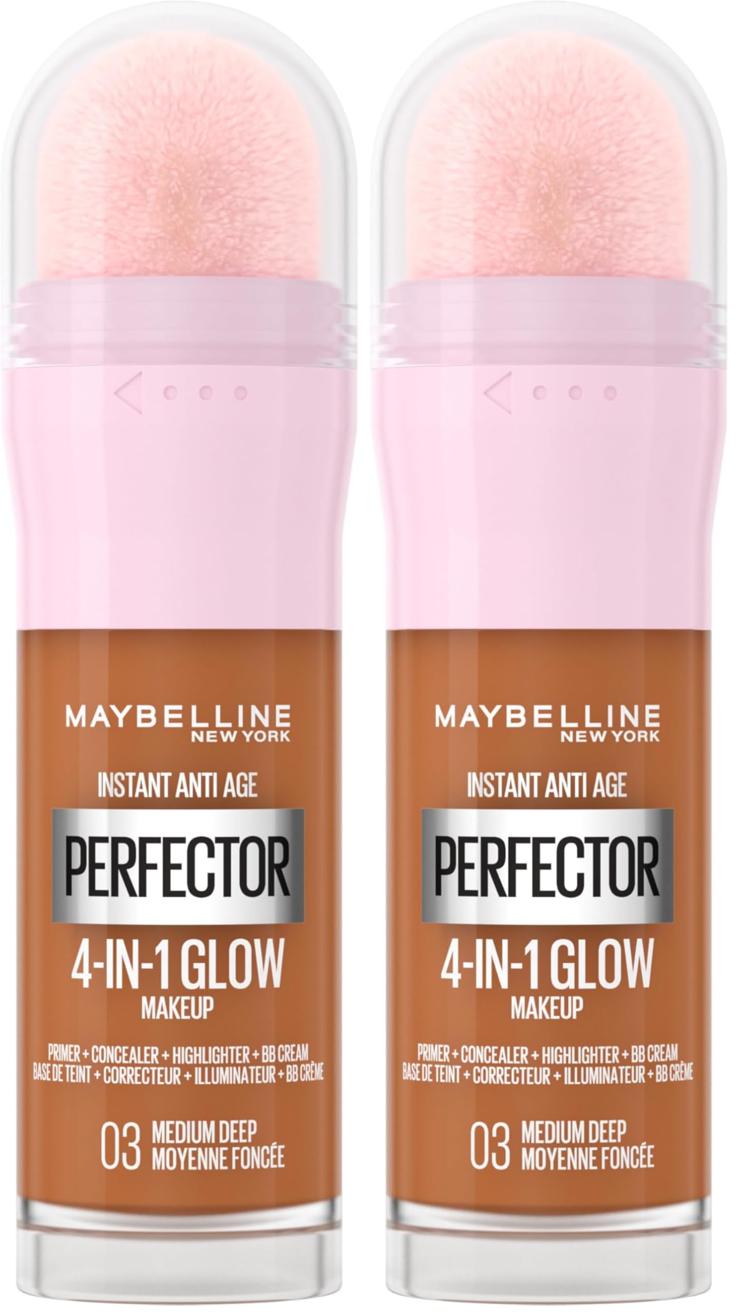 Maybelline New York Instant Anti Age Rewind Perfector, 4-In-1 Glow Primer, Concealer, Highlighter, Self-Adjusting Shades, Evens Skin Tone with a Glow Finish, Shade: 0.3 Medium Deep (Pack of 2)