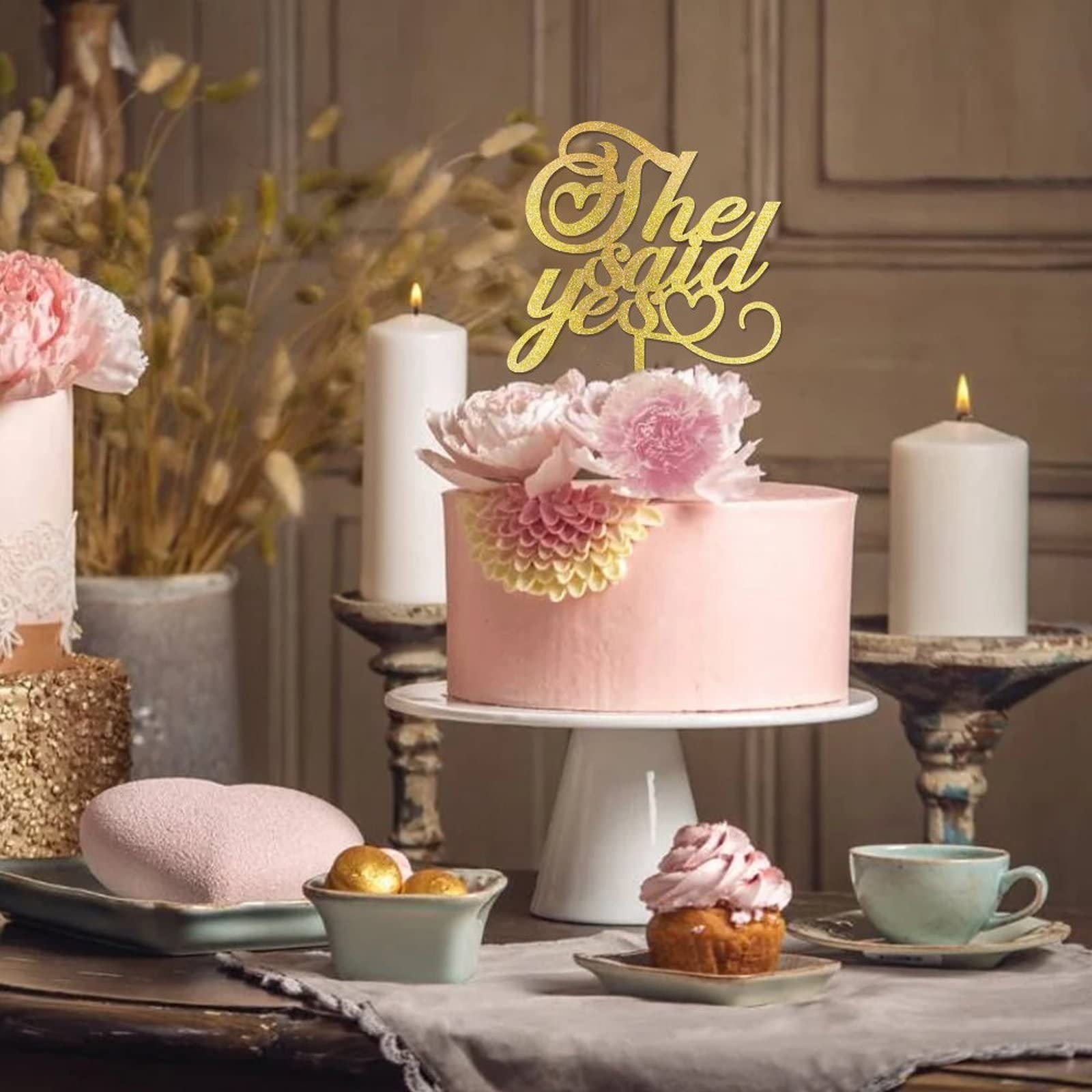 She Said Yes Kuchenaufsatz In Gold-Glitzer – Für Verlobung, Hochzeit & Junggesellinnenabschied, Lebensmittelecht