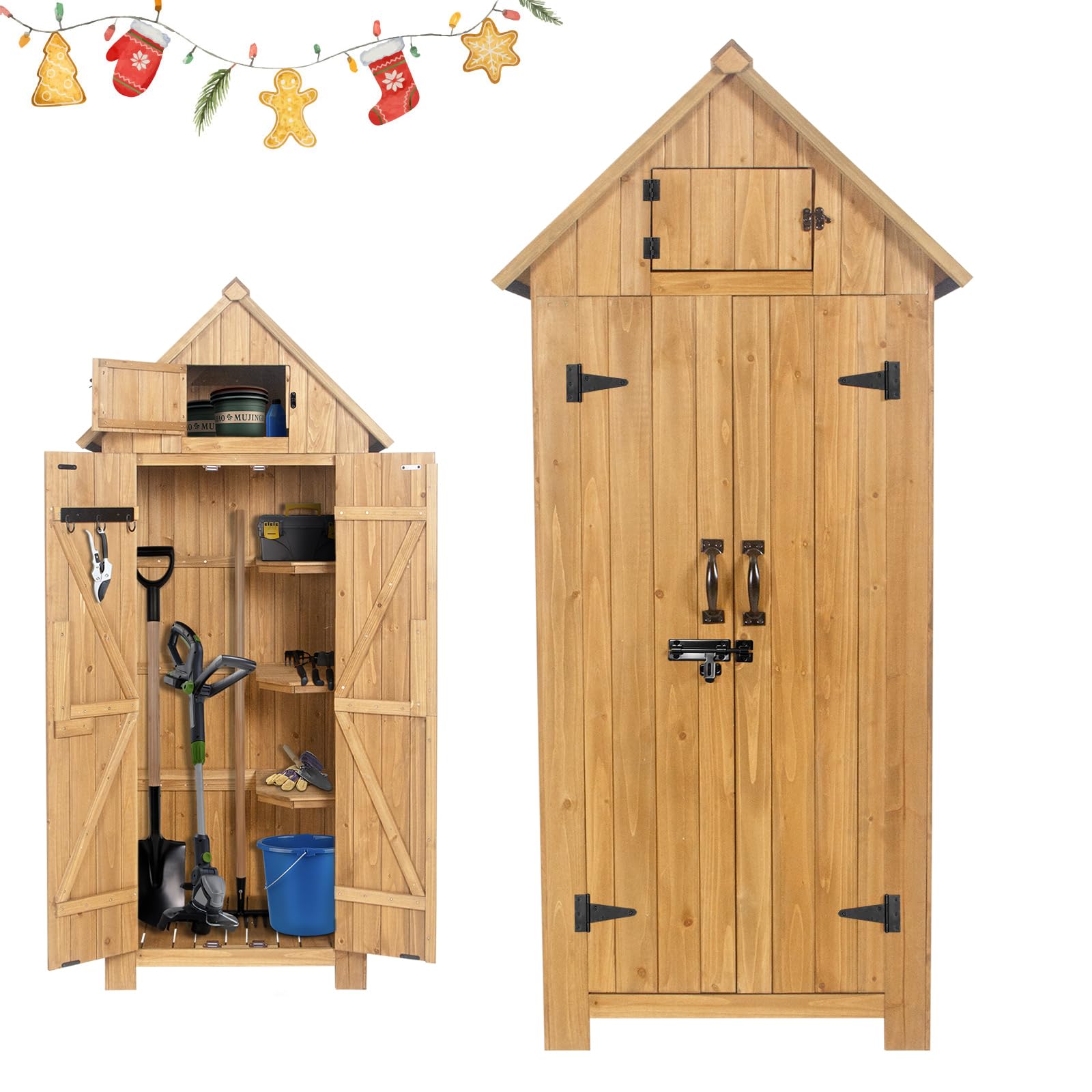 Wooden Outdoor Storage Shed with Double Doors,70” Tall Waterproof Storage Shed with Lock,Sheds & Outdoor Storage with Windproof Tipping for Deck,Backyard Garden and Yard