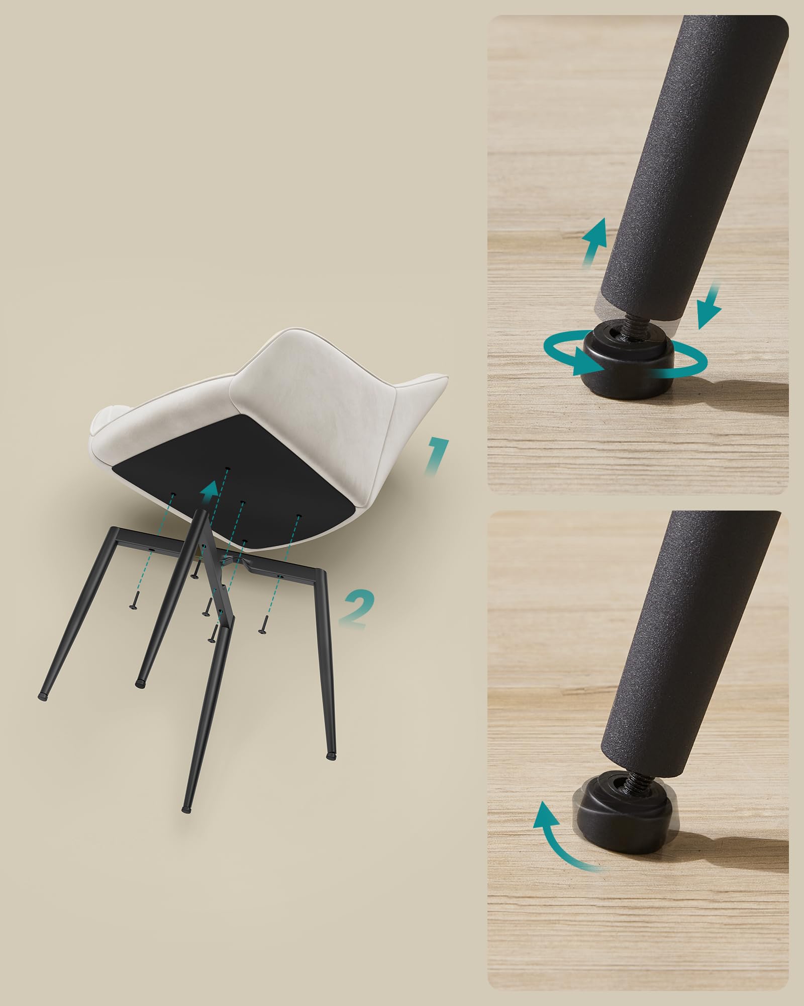SONGMICS Dining Chair, Kitchen Chair, Velvet Armchair, Upholstered with Armrests, Max. Load 120 kg, Metal Legs, for Dining Room, Lounge, Cappuccino Beige and Ink Black LDC087LH01 — view 5
