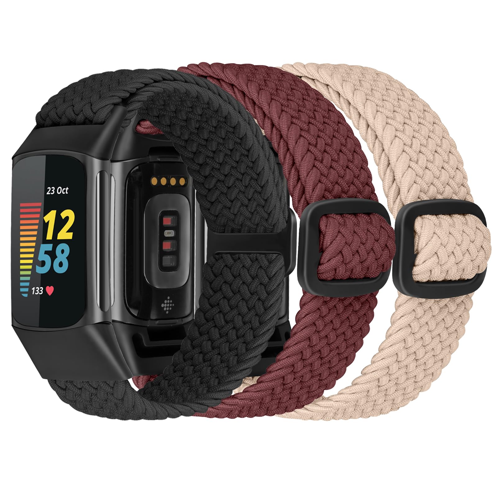 ShuYo Braided Stretchy Solo Loop Bands Compatible With Fitbit Charge 5 for Women Men Nylon Elastic Straps Wristbands for Fitbit Charge 5(3 Pack)