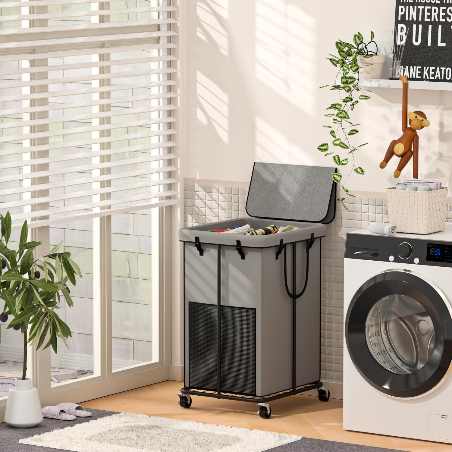 YKDIRECT 150L große Wäschekörbe mit Deckel, Wäschekörbe aus Oxford-Stoff, Metallrahmen und abnehmbare Tasche Design mit Rädern für Schlafzimmer, Bad, Schlafsaal, Waschküche (Grau-Deckel)
