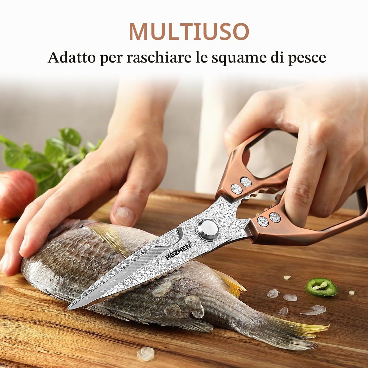 HEZHEN Forbici Da Cucina Acciaio Damasco,Cesoie da Cucina Multifunzionali,Heavy Duty Forbici per Alimenti, Manico in Lega di Alluminio