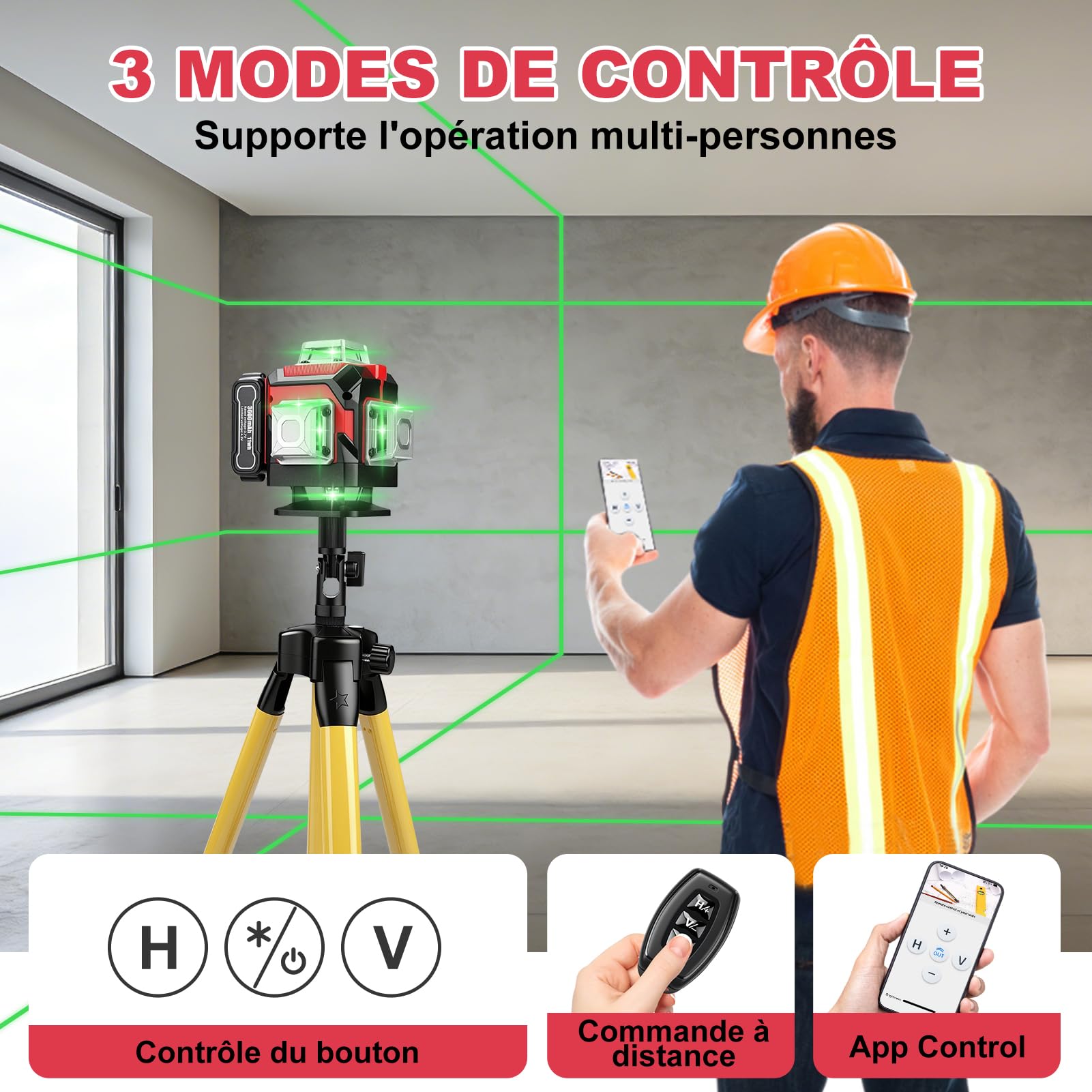 Niveau Laser 360 Autonivelant, 4D 16 lignes vertes Laser à lignes croisées avec trépied, Laser Chantier pour chantier intérieur, 3600 mAh x 3 batteries rechargeables