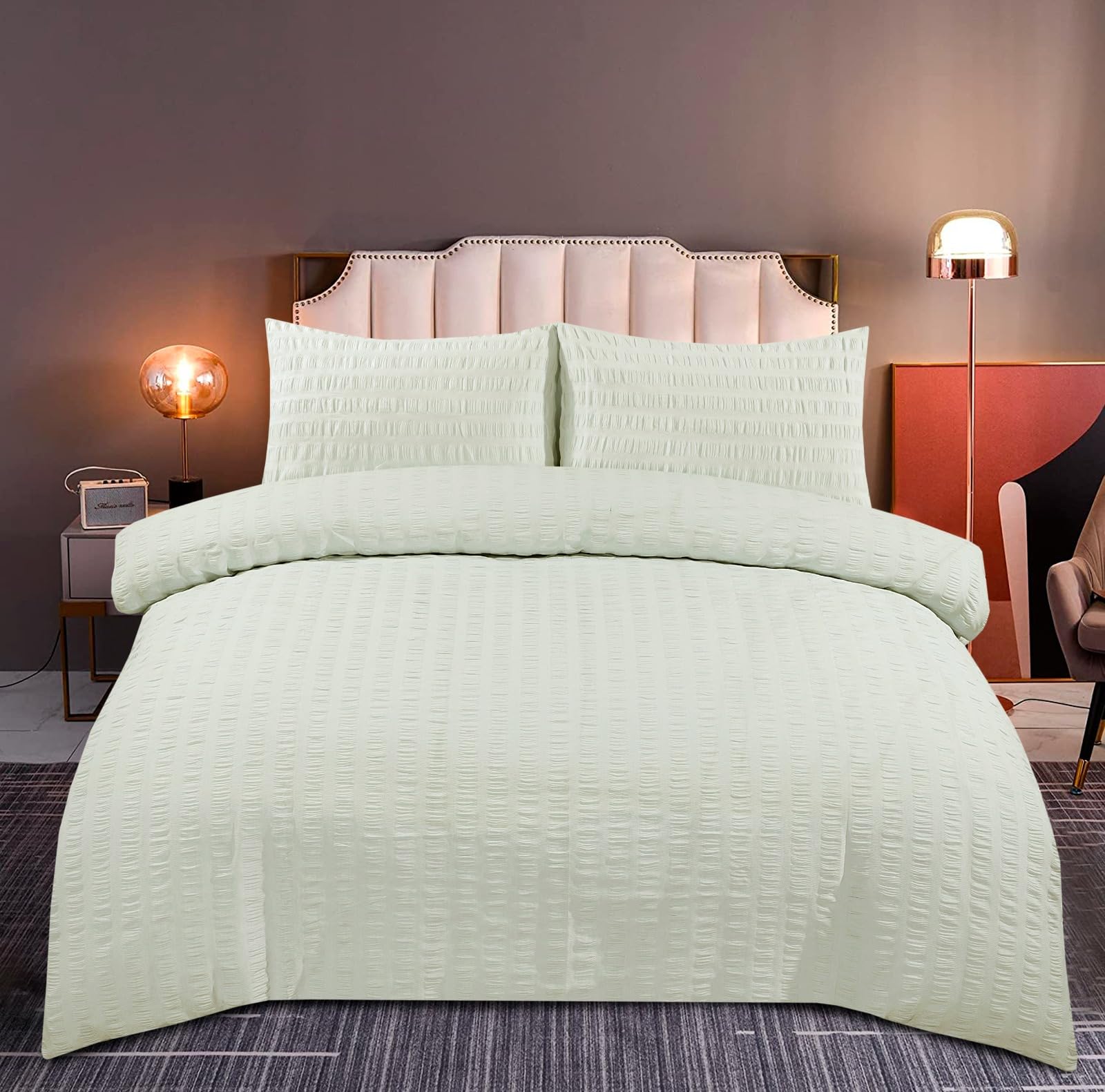 KD HOME EVERYTHING YOU NEED Seersucker Duvet Quilt Cover Set with Matching Pillowcases, Ultra Soft Cosy Polycotton Stripe Design, Easy Care & Machine Washable (Lemon, Super King) — image 1