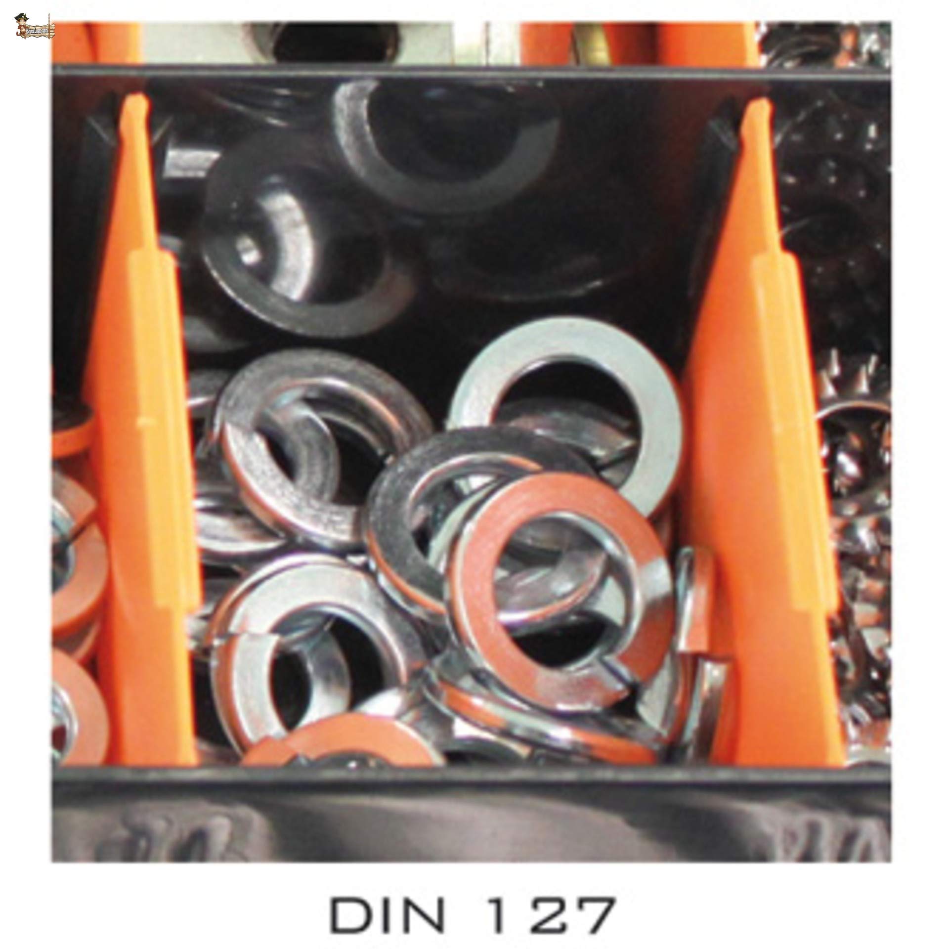 BricoLoco Maletín surtido Arandelas. Desde M4 a M12. Planas (DIN 125), ala ancha (DIN 9021), grower (DIN 127) y dentada (DIN 6798A). Cincadas.