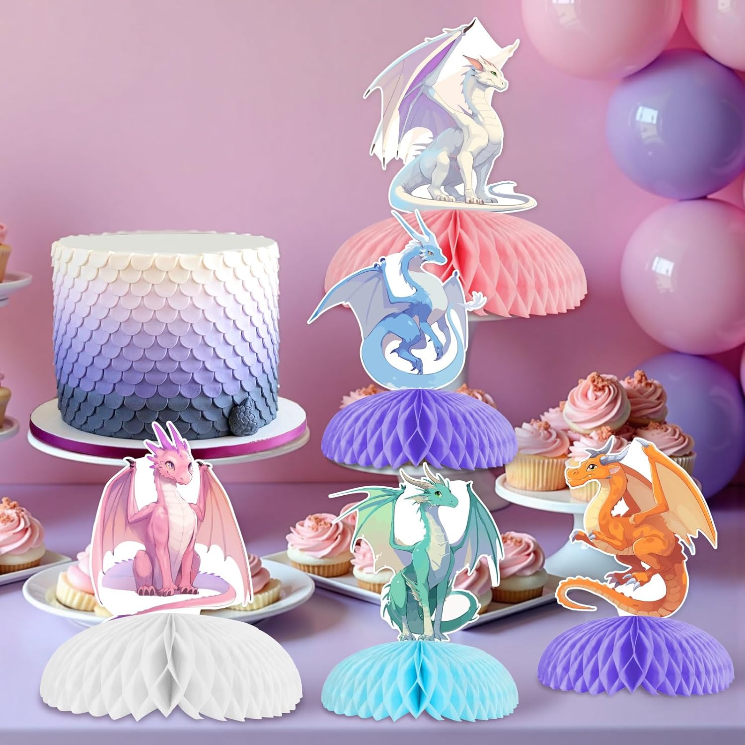 Kreatwow 8Pcs Dragon Honeycomb Centerpieces Colorful Dragon Table Decoration Dragons Birthday Party Decorations for Girl Fantasy-Dragon Party Dragon-Knight Birthday Decor for Baby Shower 1st 2rd Bday