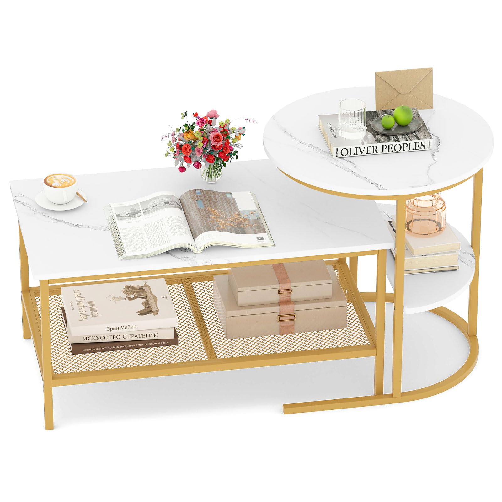 COSTWAY Set di Tavolini da Caffè Componibili, 2 in 1 Set di Tavoli Rimovibili con Piano in Marmo Sintetico, Tavolino Rotondo e Tavolino Rettangolare per Salotto e Camera da Letto (Oro)