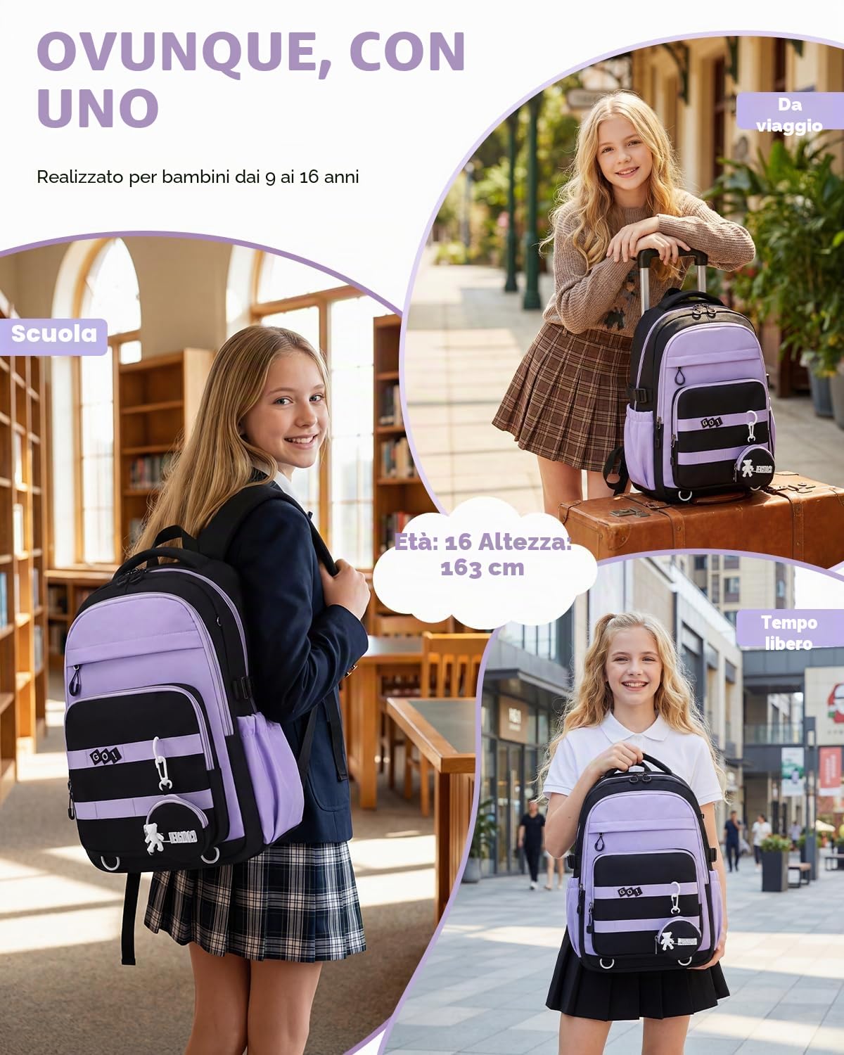 Amythe Zaino Ragazze - Zaino Scuola per Adolescenti Impermeabile per Laptop 15.6" - Cartella Casual per Scuola Elementare Media Superiore 10-18 Anni - Adatto per Carrello -Viola