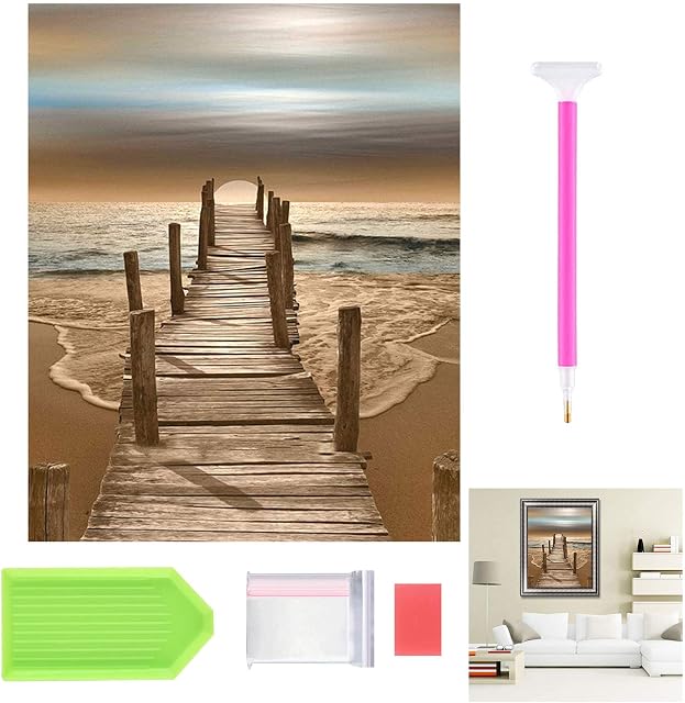 DIY 5D Diamond Painting Kits for Adults Kids Beginners,Full Drill Crystal Painting by Number Kits,Cross Stitch Canvas Embroidery Art Picture,for Home Wall Decor Arts Craft Gift(Wooden Bridge Beach)