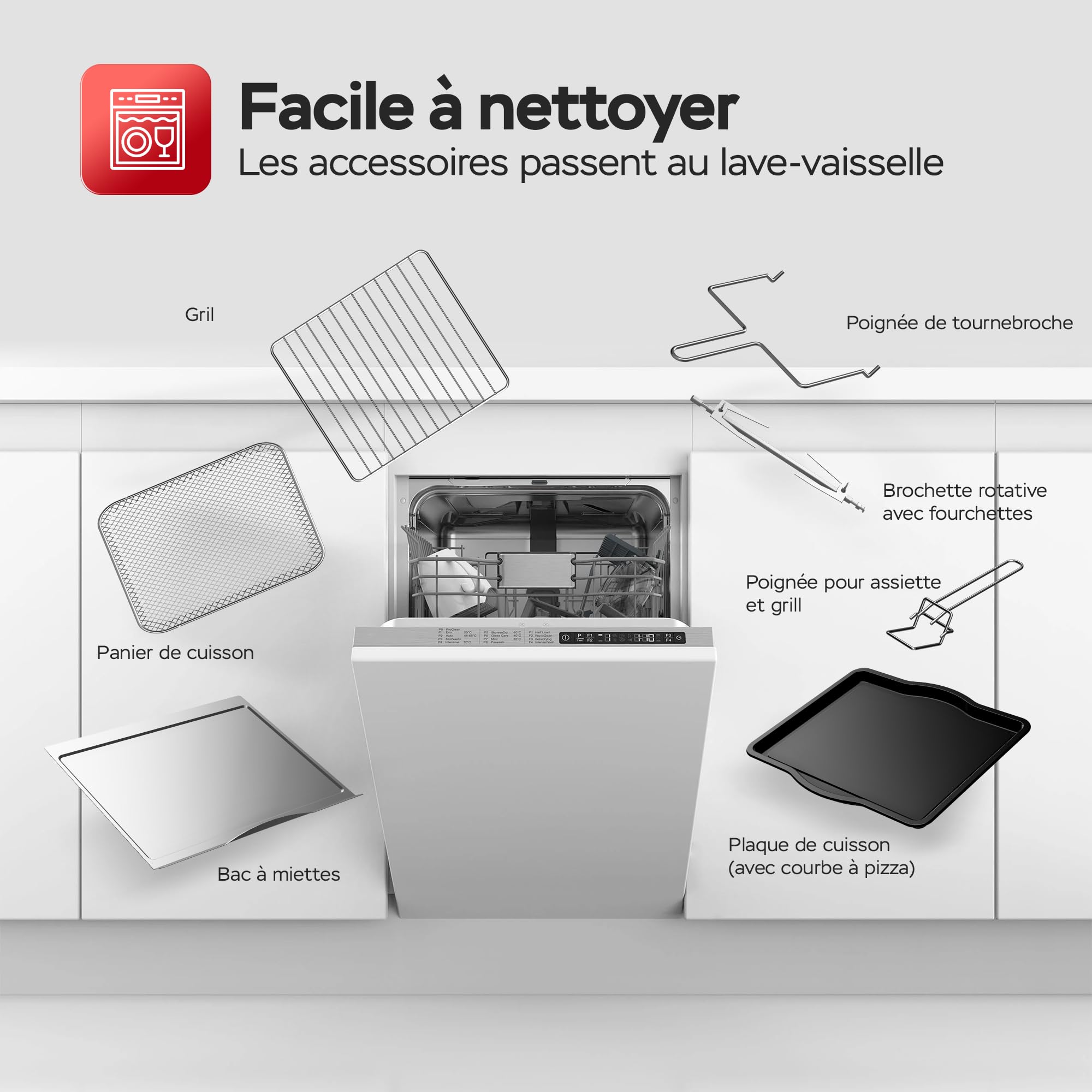 TurboTronic Mini four, four à air chaud 4 en 1 et friteuse à air chaud, version XXL 32 L, y compris tournebroche et de nombreux accessoires, plaque de cuisson, déshydrateur à partir de 25 °C & grill,