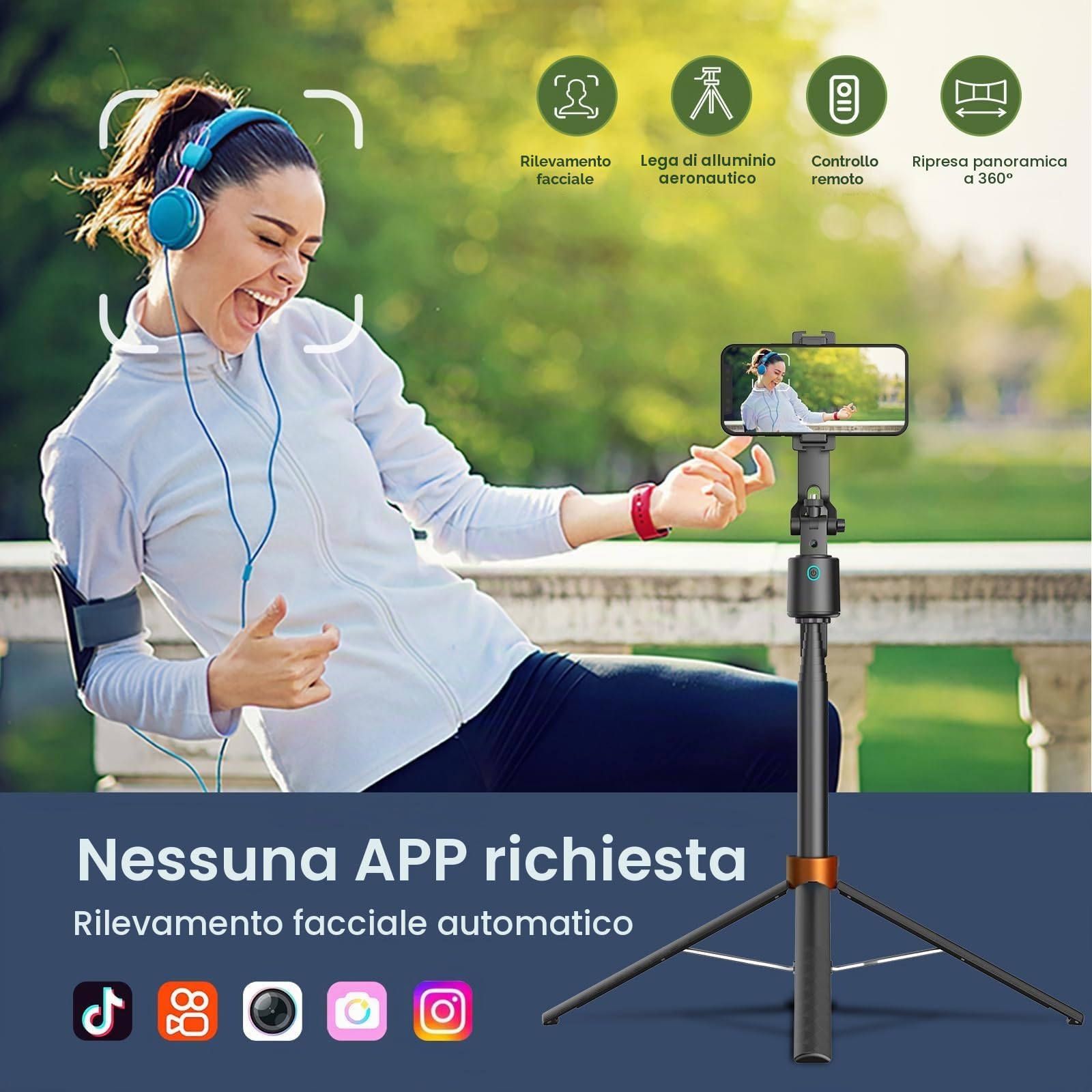 Treppiede per selfie da 178 cm, rotazione a 360 gradi per iPhone, senza app, riprese video e streaming (con luce di riempimento)