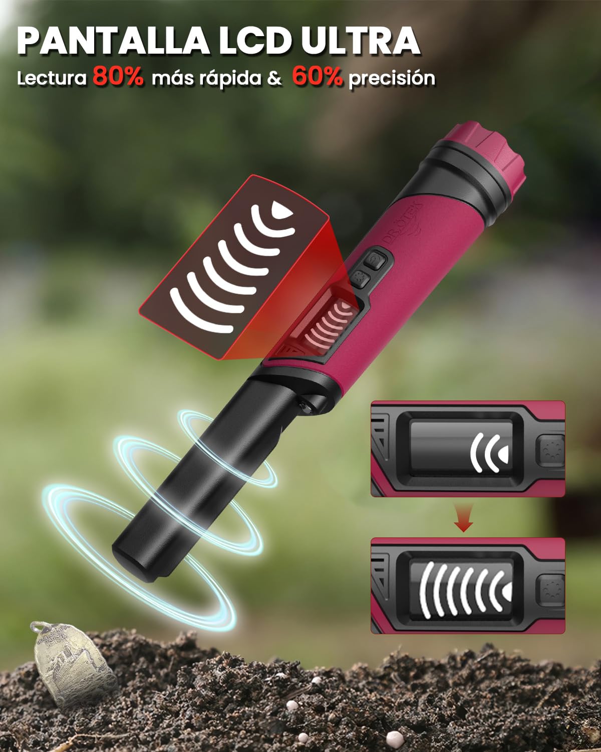 DR.ÖTEK Pinpointer Detector de Metales de Mano, IP68 Totalmente Impermeable Pinpointer de Mano con Pantalla LCD Novedosa Función de Cancelación de Interferencias, Alta Sensibilidad, 3 Modos de Alerta