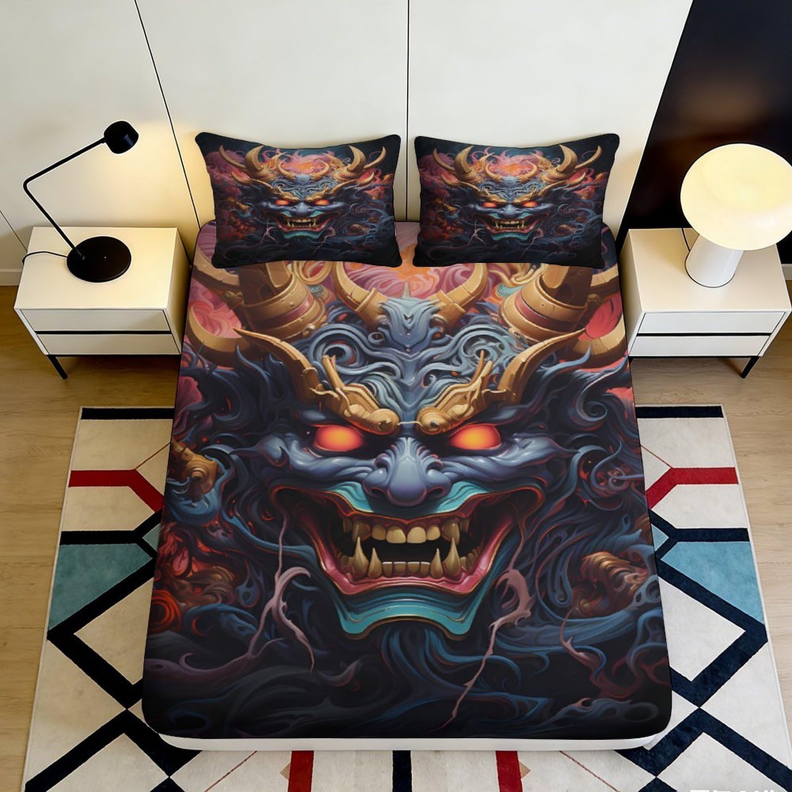 3D Printed Demon Mask Fitted Sheet Microfiber Soft Breathable Oni Face Bed Cover for Bedroom Dorm Bed Protection Decor 90x200x25cm