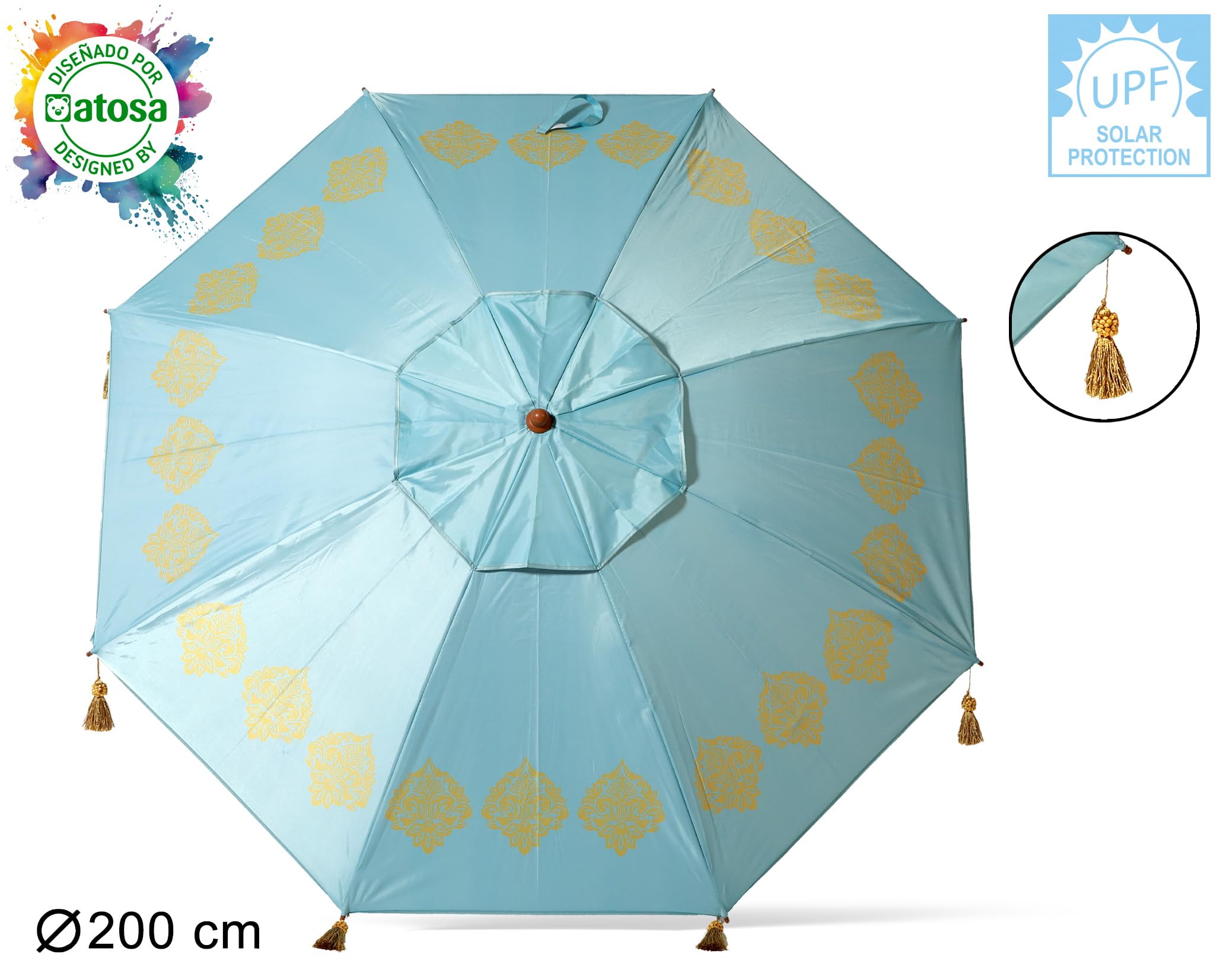 Atosa Strandschirm Ø 180 bis 240 cm aus Aluminium Orientalisches Modell mit Fransen mit LSF 50+, blau, 200 cm, Bohemien