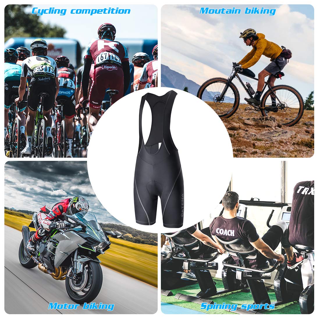 Catena - Pantaloncini da ciclismo da uomo, con pettorina, imbottiti, in 3D, traspiranti - Nero - XL