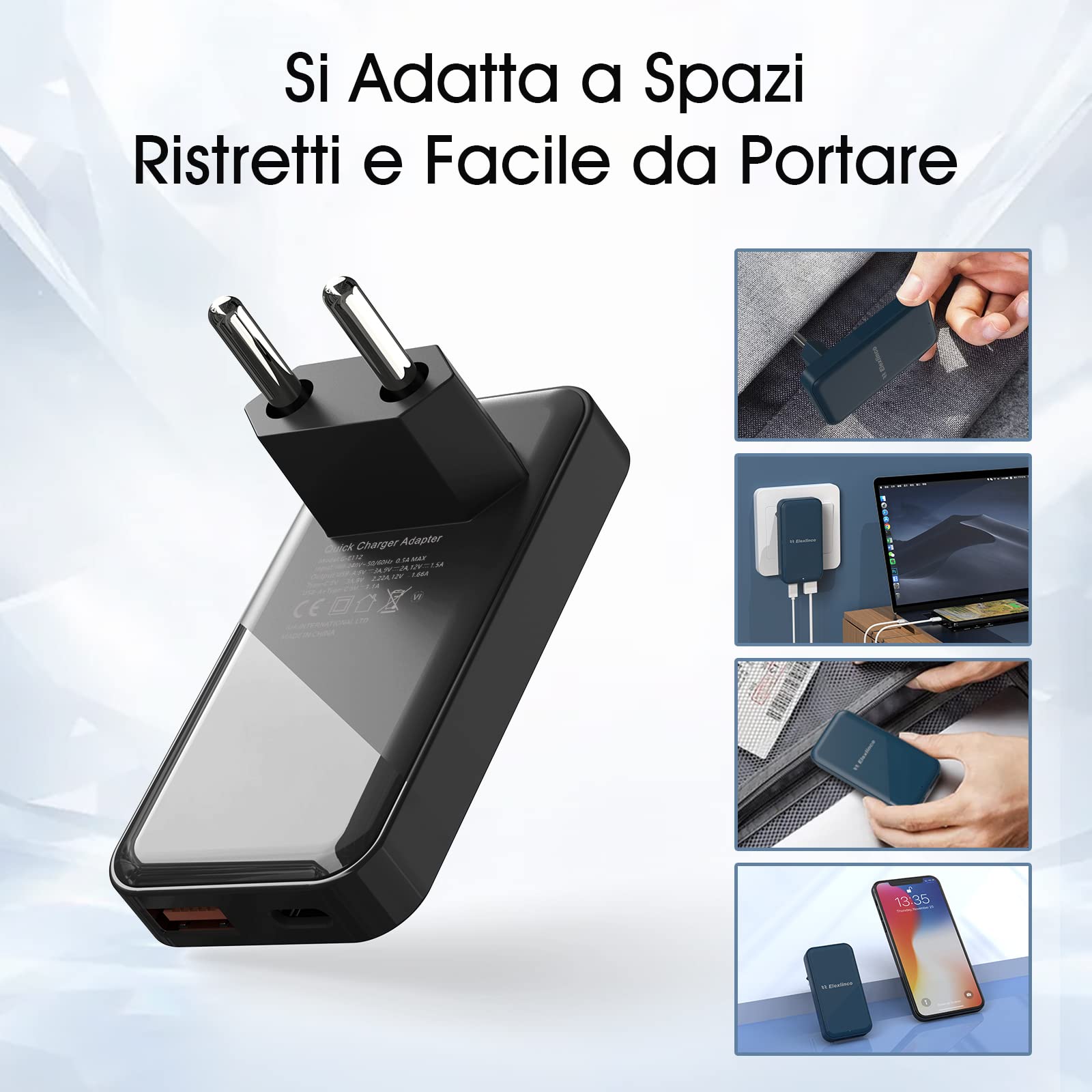 Elexlinco 20W Caricatore USB C da Muro, 2 Porte Carica Rapida Caricabatterie, PD Power Delivery &Quick Charge 3.0, Compatible with iPhone14/13/12 PRO, iPad PRO e Di Piu (Nero)