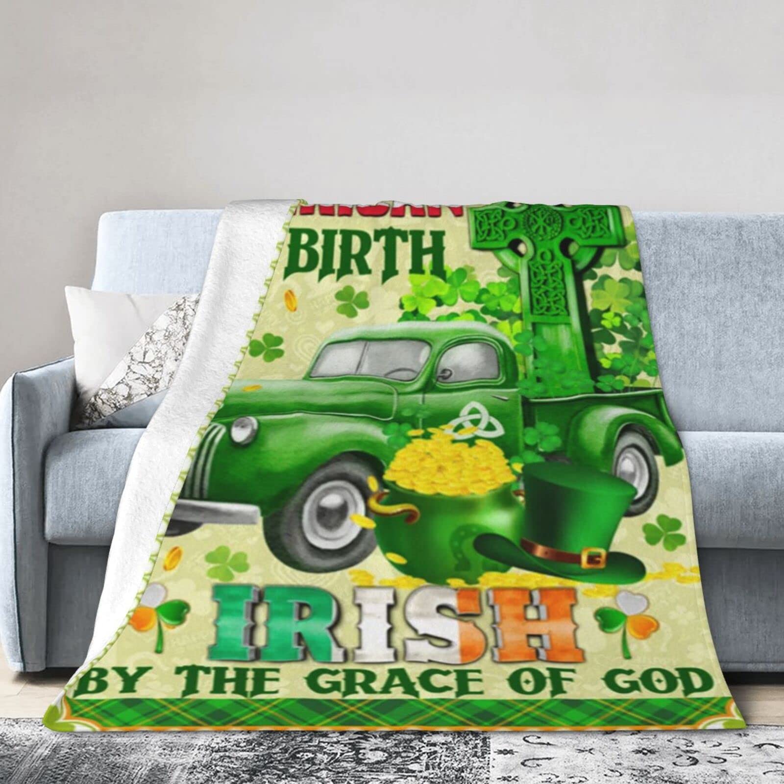 Lsjuee Flannel Fleece Blanket 50"X40" American by Birth Irish by The Grace of God Sofa Throw Blanket Funny Ultra-Soft Travel Spring Blankets for Mens Keep Warm