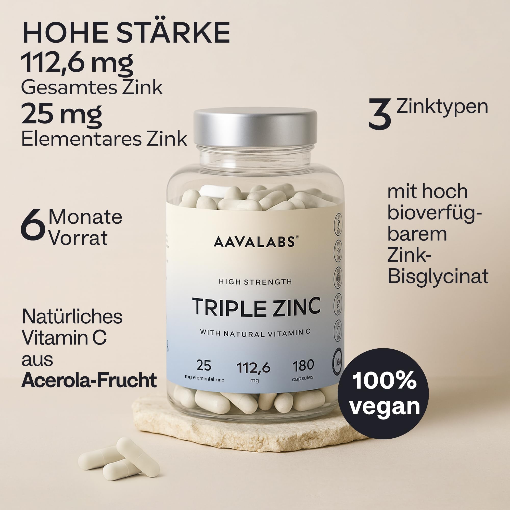 Zink Hochdosiert 3-in-1 Komplex 25mg mit Vitamin C - Zink Bisglycinat (Chelat), Picolinat, Monomethionin - Vegan Zinc Supplement - 180 Kapseln
