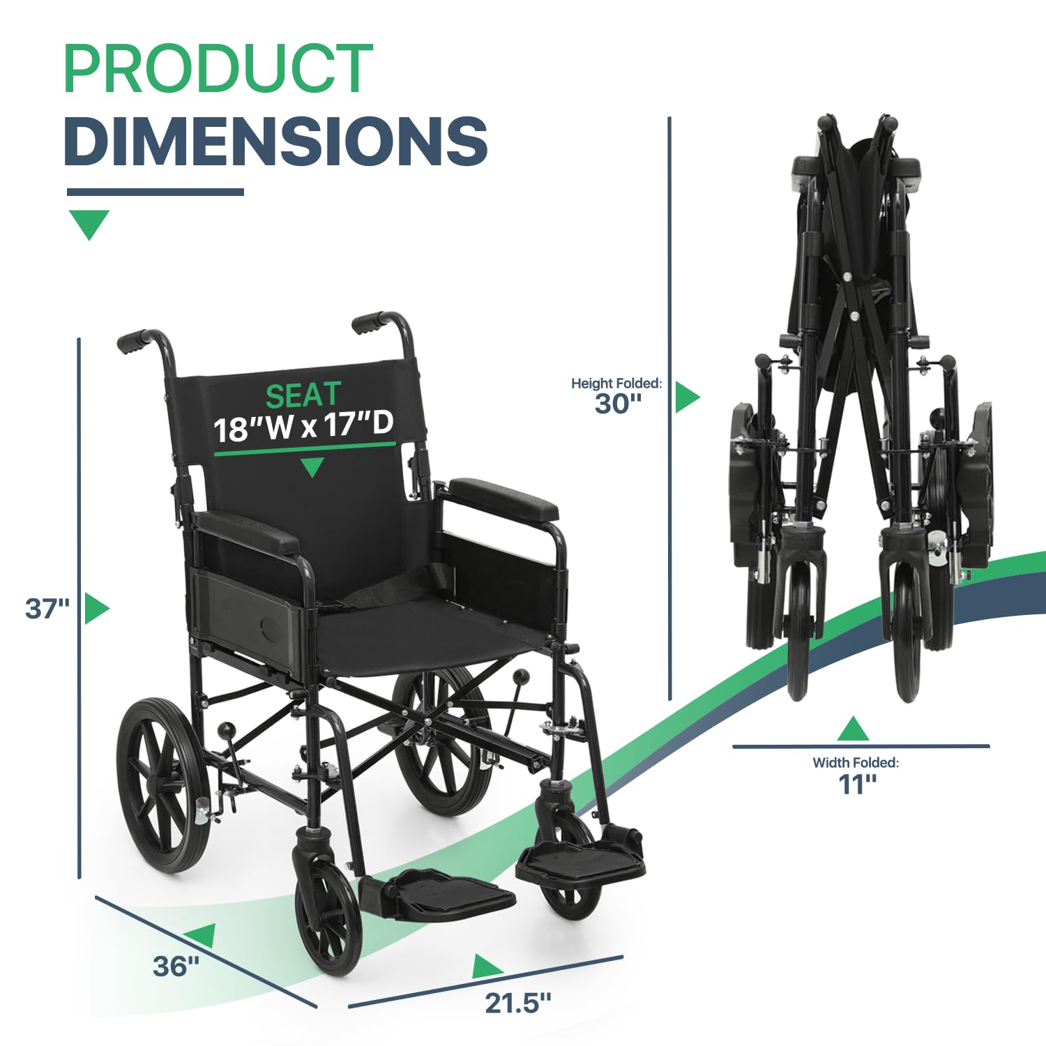 Magshion Foldable Transport Wheelchair for Adults 300 Lbs, Heavy Duty Transport Chair for Seniors, Wheel Chair with Removable Armrests & Swing-Away Footrests, 18