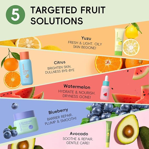 Quiyum Fruit Skincare Set, 5Pcs Face Care Routine Kit for All Skin | Cleanser Toner Serum Eye Cream Moisturiser, Hydrating Pore Refining Radiance Boosting, Pamper Gifts for Women Teenage Girls