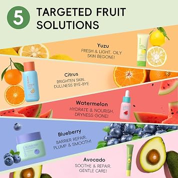 Quiyum Fruit Skincare Set, 5Pcs Face Care Routine Kit for All Skin | Cleanser Toner Serum Eye Cream Moisturiser, Hydrating Pore Refining Radiance Boosting, Pamper Gifts for Women Teenage Girls