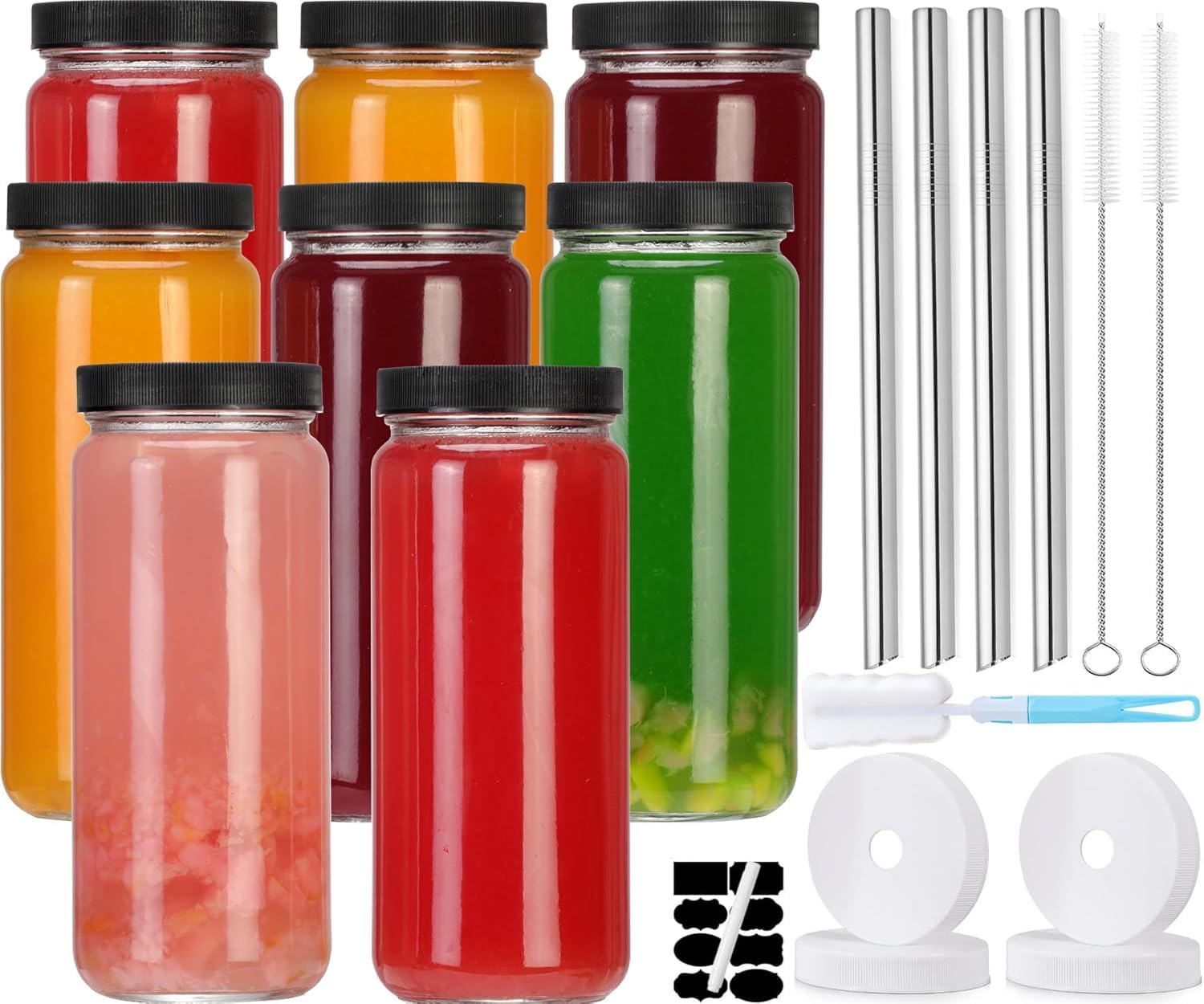 CJWLKJ 8 Pack Glass Juice Bottles with 4 Straws & 4 Lids w Hole- 16 OZ Travel Drinking Jars, Water Cups with Black Airtight Lids, Reusable Tall Mason Jar for Juice, Bubble Tea, Smoothie, Tea