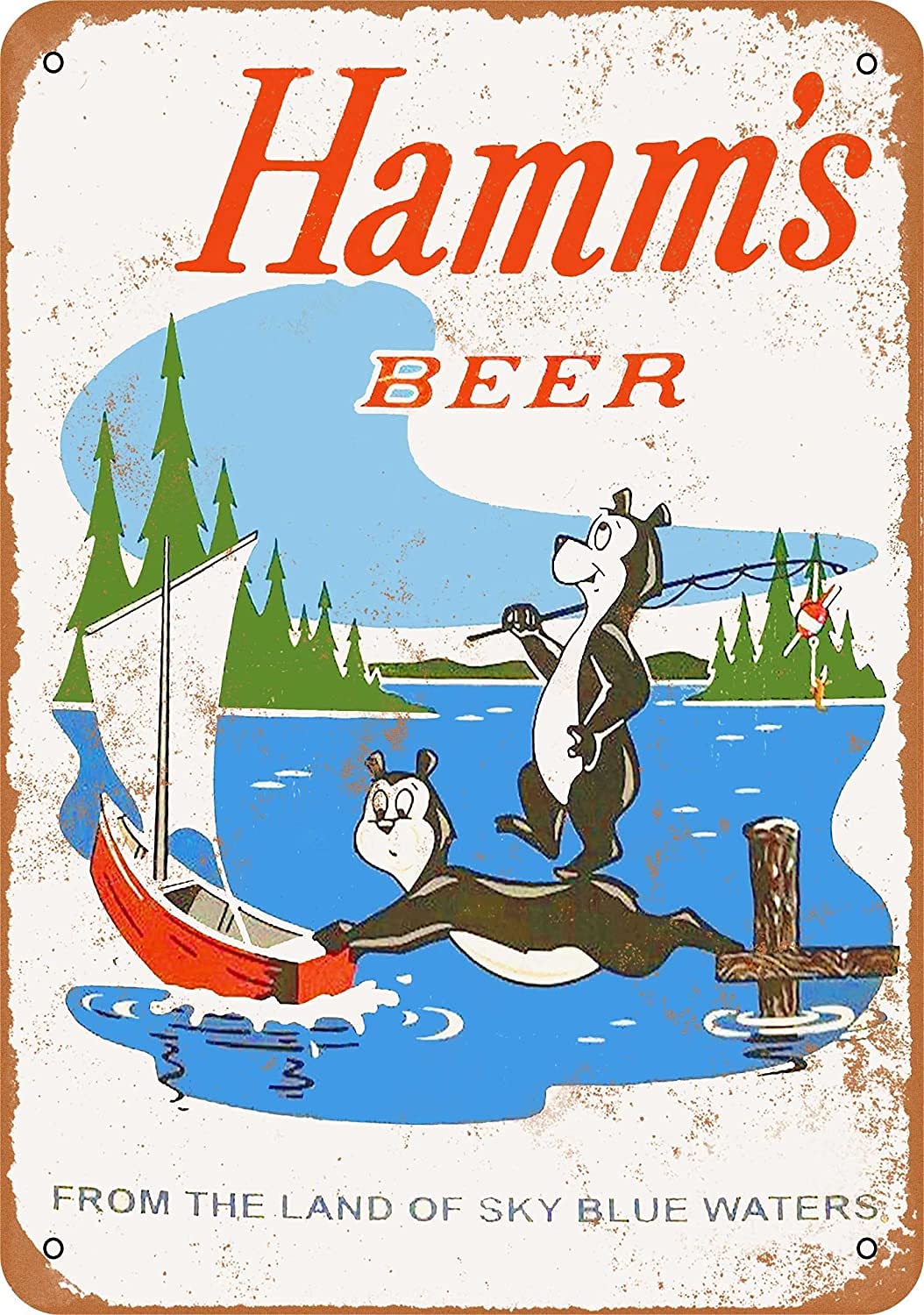Bigccaee Metal Tin Signs Vintage 1956 Hamms Beer Bears Fishing Reproduction Sign Wall Plaque Retro Club Pub Bar Poster Retro Metal Tin Sign 8X12 Inches