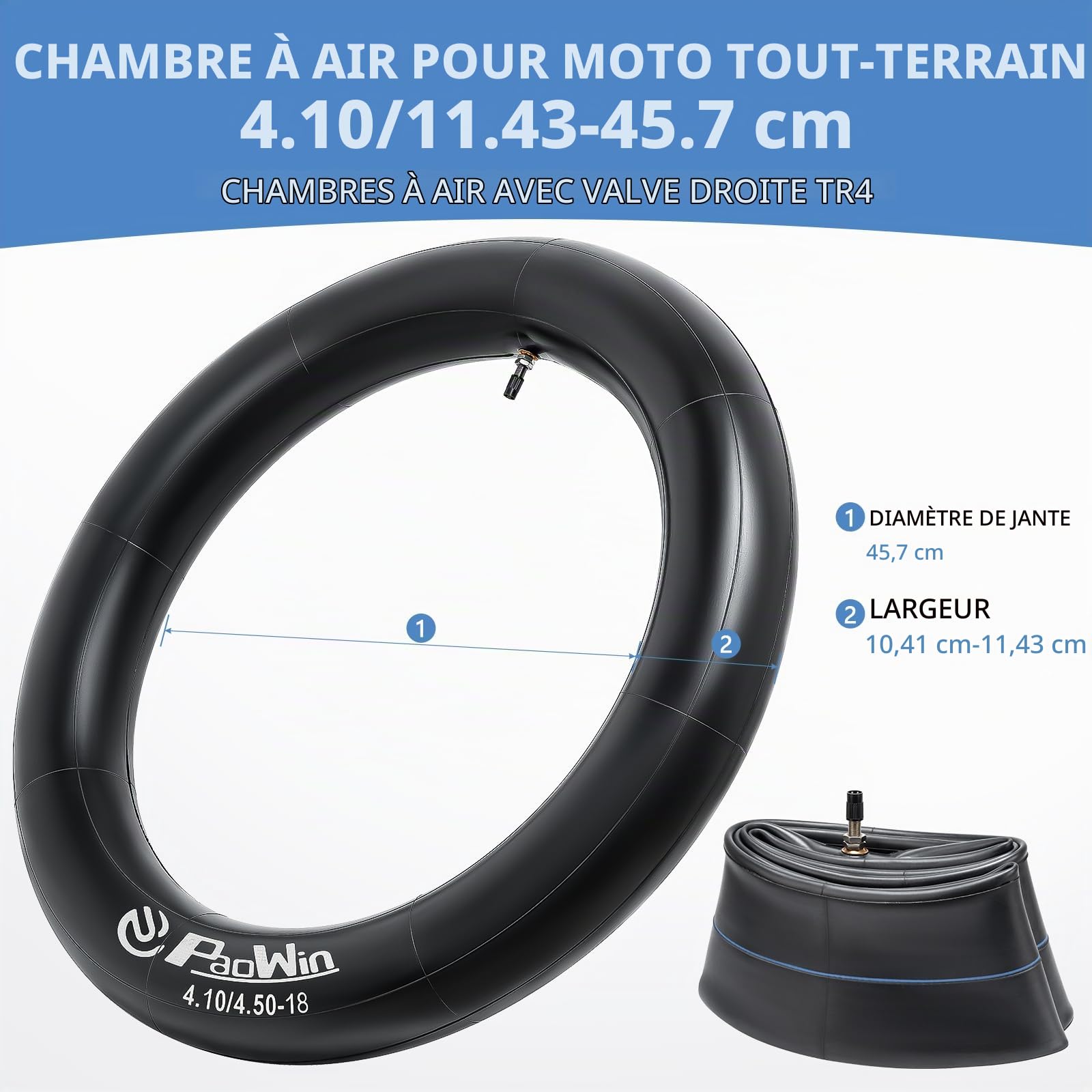 2-PCS 4.10/4.50-18 Chambre à air de Moto Caoutchouc butyle Haute Performance Tubes Compatible 4.10-18, 4.50-18 Tout-Terrain/Route Moto/Mini-/ Pit Bike Chambre à air | TR4 Valve Droite