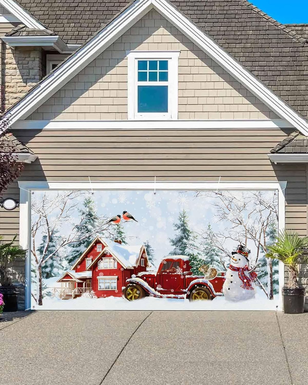Christmas Garage Door Banner Cover Decorations, Large Outdoor Hanging Garage Door Covers Christmas Thanksgiving Halloween Wall Backdrop for Holiday Party, Red Snowy Truck Farmhouse Xmas Tree 6x13ft