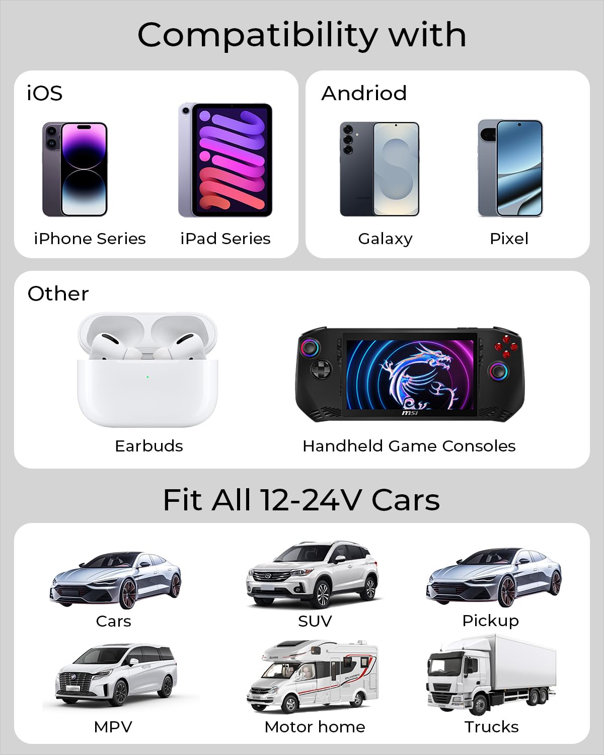 BERTHALESS Cargador retráctil de coche, cargador de coche de carga rápida 4 en 1 con USB-C y USB-A, compatible con iPhone 17/16/15/14/13/12/11, Galaxy, Pixel, accesorios de coche para hombres y