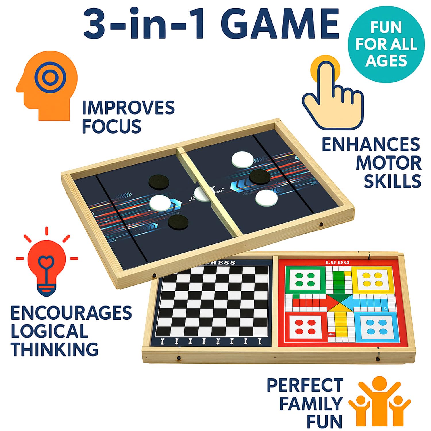 Signamio 3 in 1 String Hockey Board Game - Sling Puck Board Game, Slingo Board Game with Chess and Ludo Features - Classic Play for Family and Friends 2