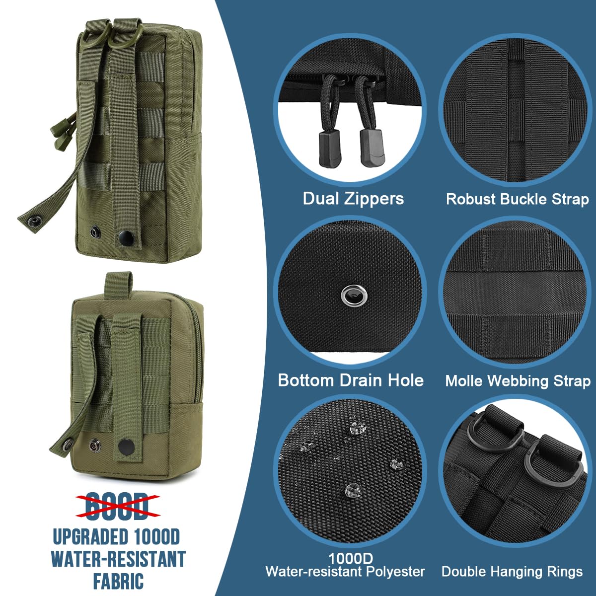 MUCHER 2 Pack EDC Pouch Molle Pouches Tactical Waist Bag Utility Waist Pack with 4 Hooks for Outdoor Hiking Hunting Camping Training (L+S - Image 3