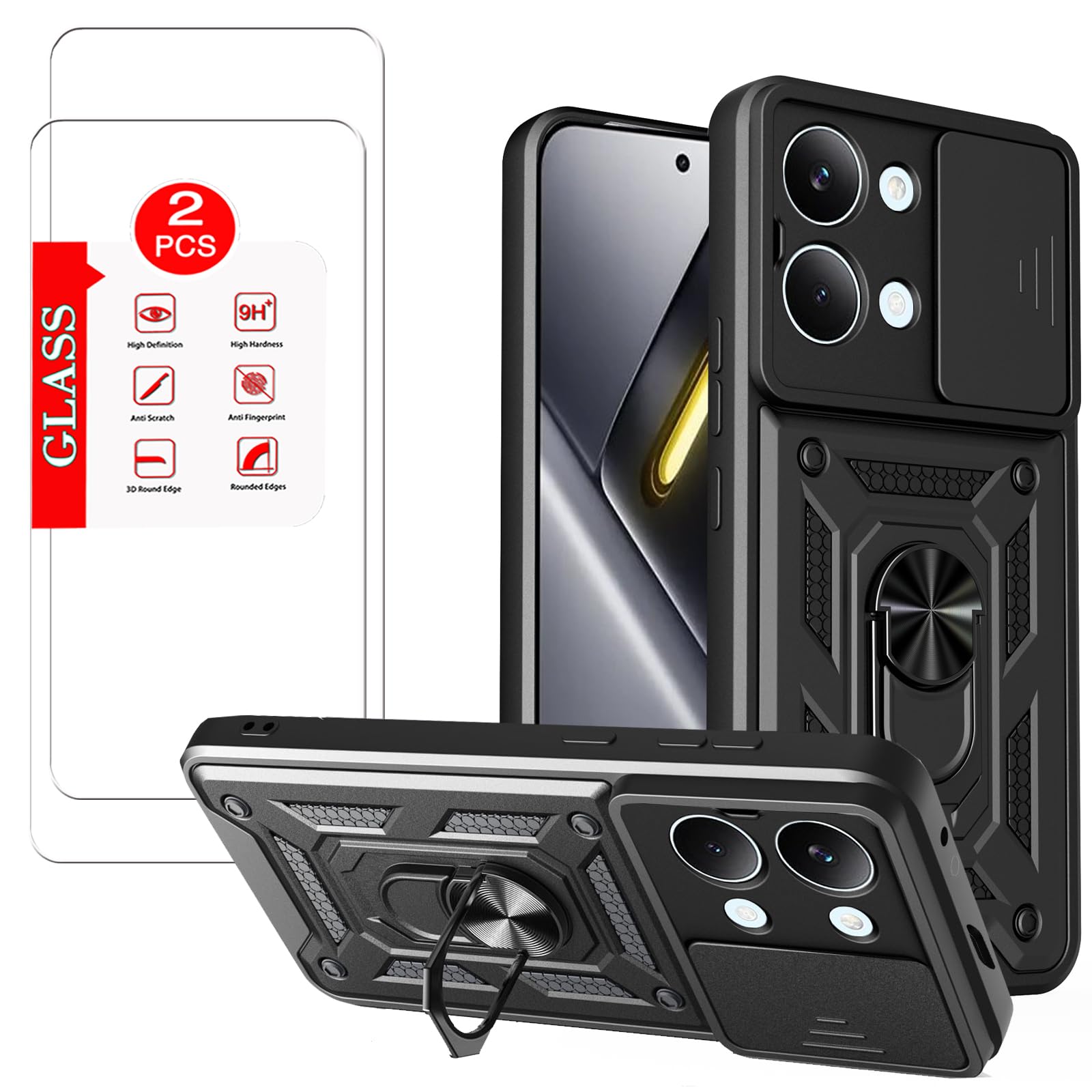 for Xiaomi Poco X8 Pro Max Case with [2 Pack] Tempered Glass Screen Protector, for Xiaomi Poco X8 Pro Max [Military-Grade] Protective，with Lens Protects Magnetic Kickstand Holder Case Black For POCO X8 Pro Max Black