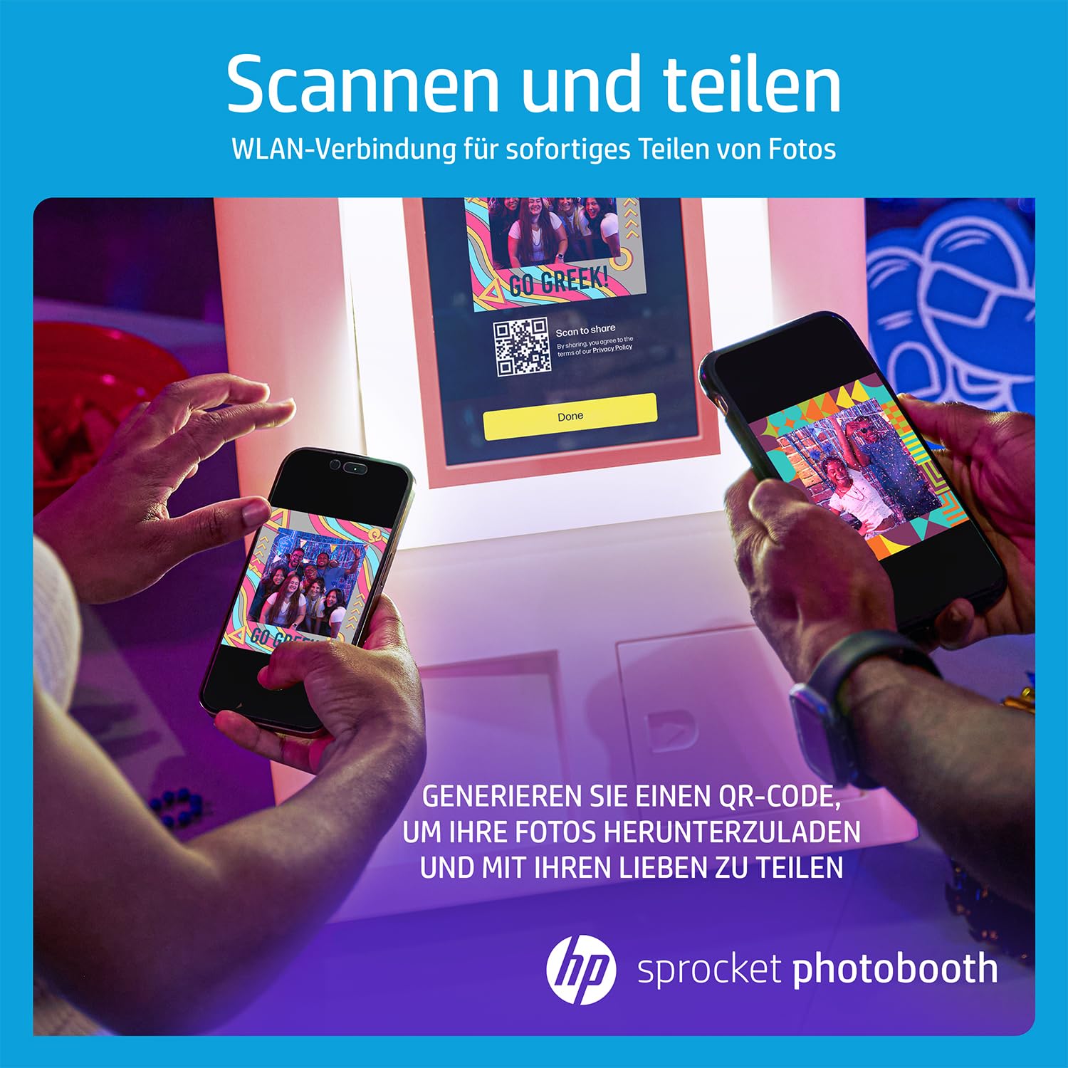 HP Sprocket Photo Booth Sofortbild-Farbfotodrucker, 10,1" (25,6 cm) Touchscreen, Ringlicht, individuelle Rahmen, 3 x 4 (7,6 x 10,1 cm) Zink-Fotopapier, Rosa.
