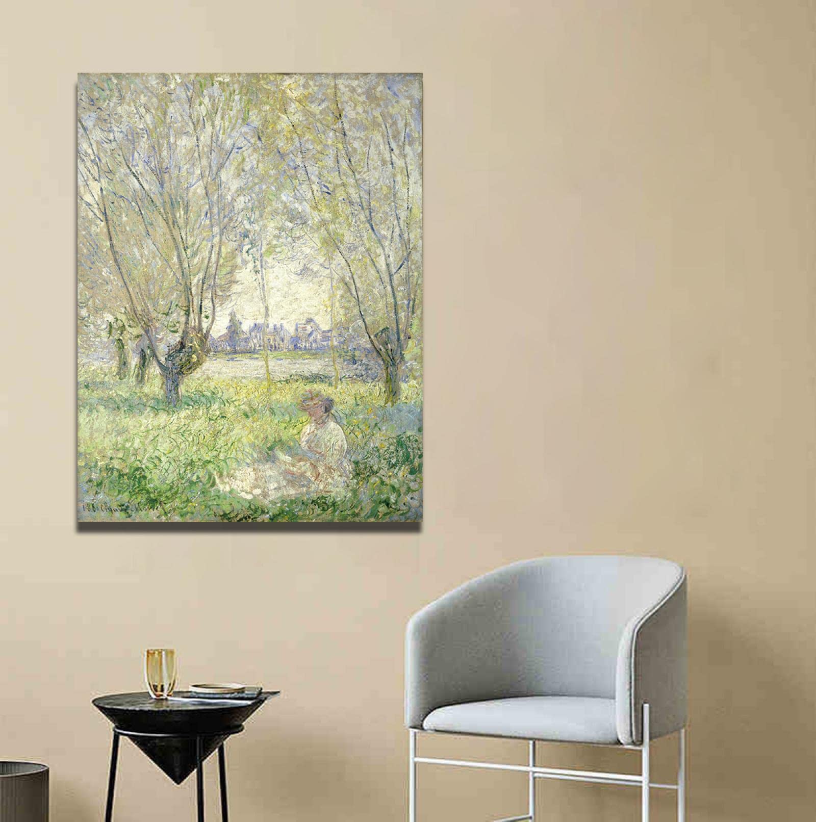 ★秀作★ 手書き油絵 クロード・モネ 柳の下に座る女（大）額付き 絵画 ☆秀作☆ 手書き油絵 クロード・モネ 柳の下に座る女（大）額