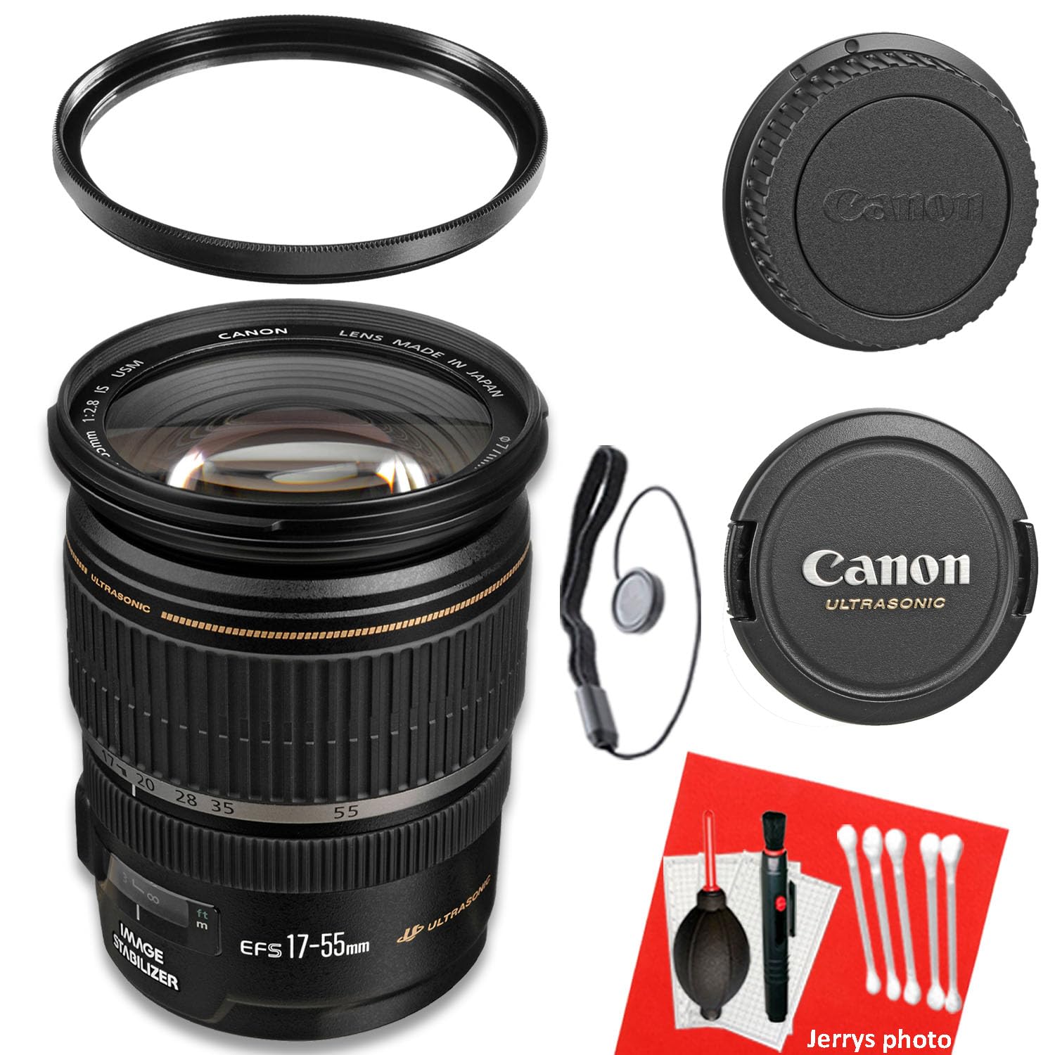 Canon EF-S 17-55mm f/2.8 is USM Lens for Canon EF-S-Mount APS-C DSLRs + UV Filter + Dust Blower + Sensor Brush Pen + Cap Keeper (8pc Bundle) (Renewed), Black