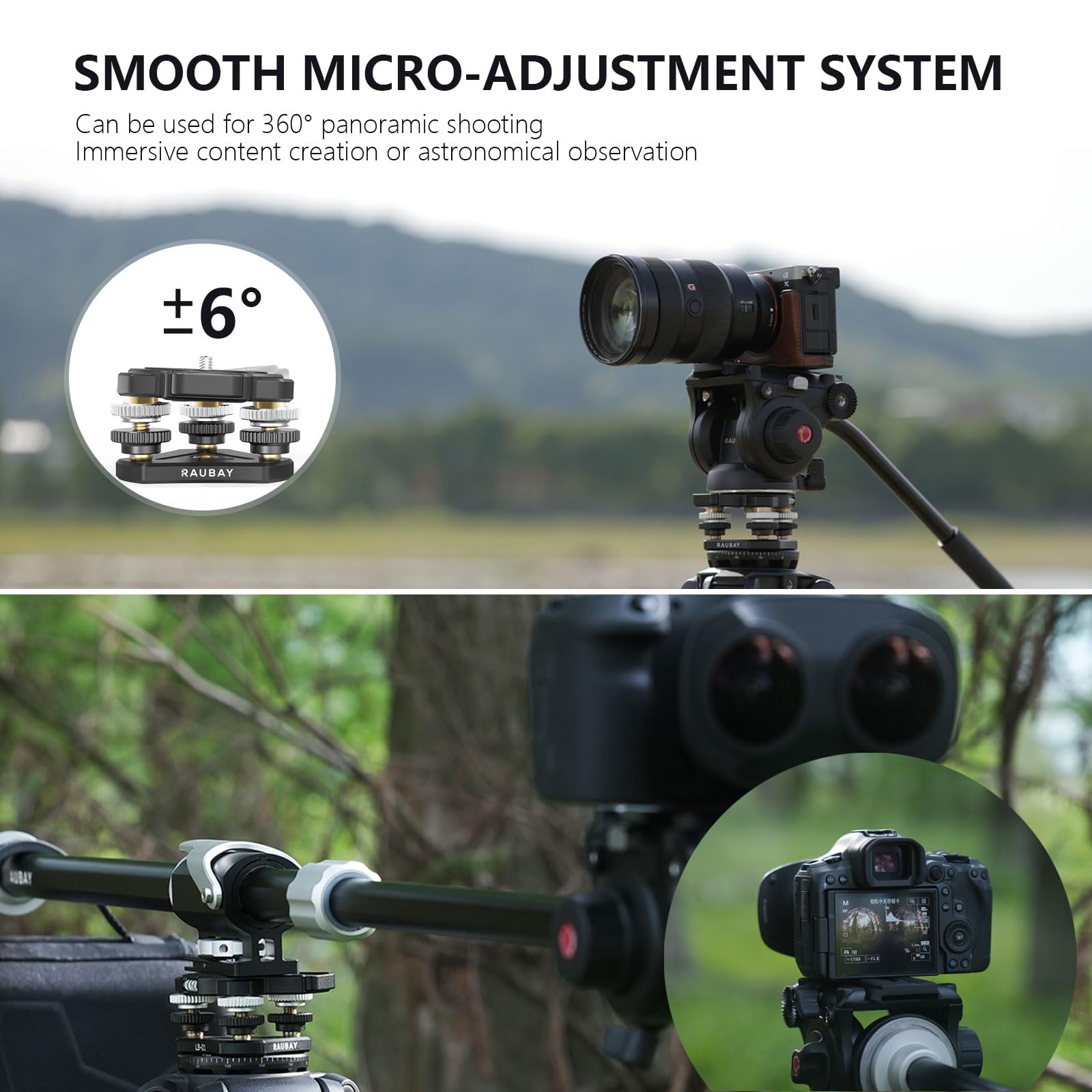 RAUBAY Base de nivelación de trípode: Nivel de Burbuja magnética Desmontable, Rango de inclinación de ±6°, nivelador de Montaje de Aluminio CNC de 3/8 Pulgadas para cámaras DSLR, Cabezales de Video y