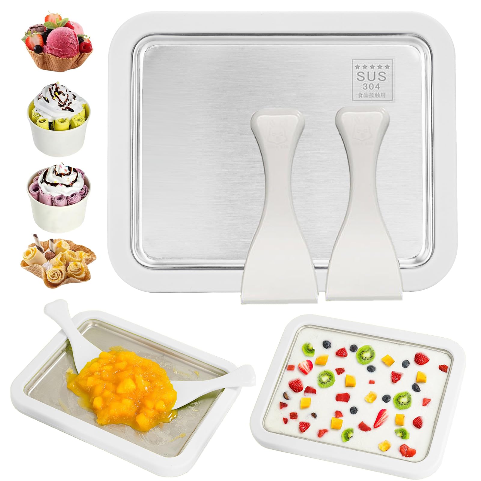 Macchina Gelatiera Istantanea Con 2 Spatole, Padella Per Gelato DIY Rolling Ice Cream Maker Per Adulti E Bambini, Per Panna Fatta in Casa, Yogurt Gelato, Sorbetto (Bianco,22.5 * 17.5CM)