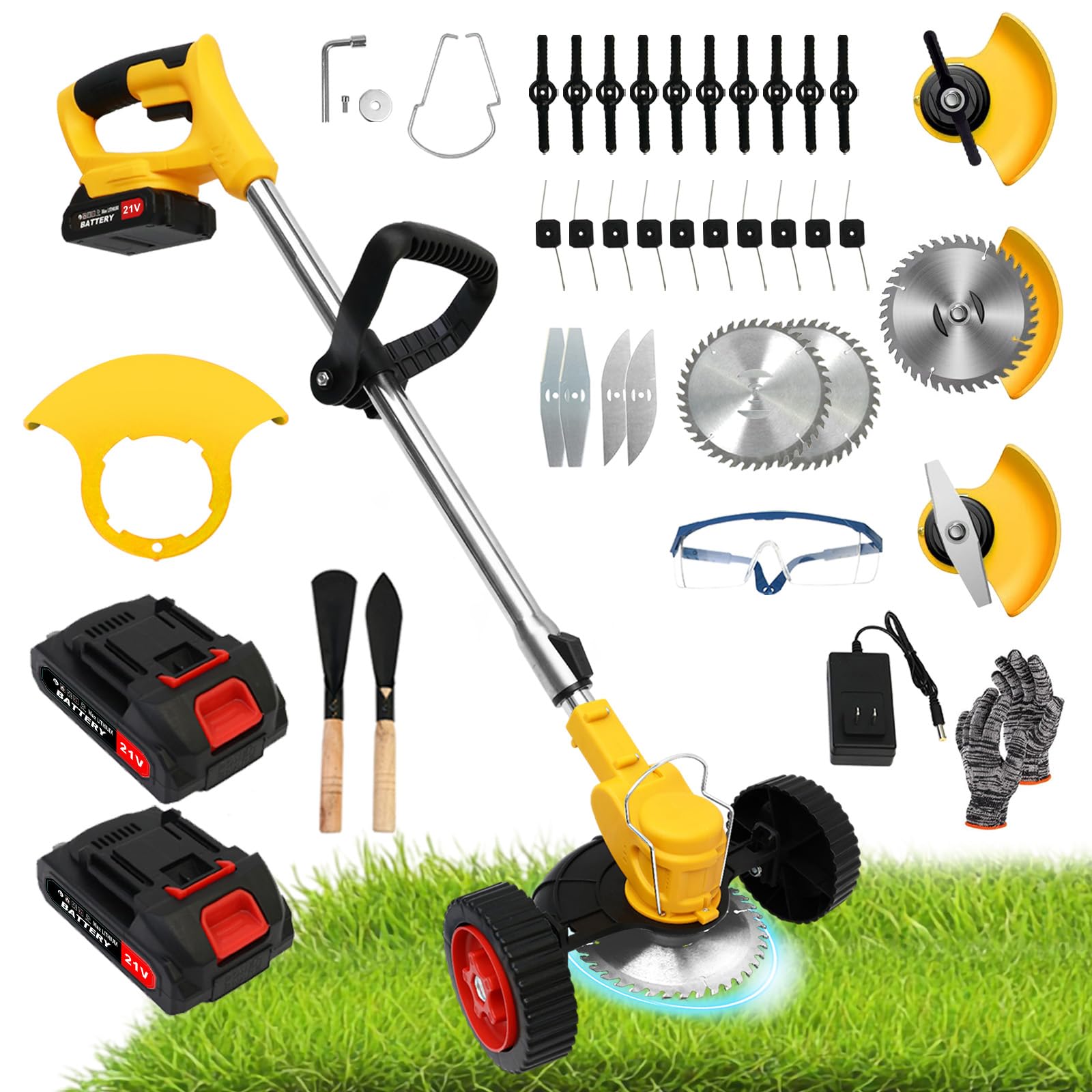 21V Electric Weed Wacker Cordless Grass Trimmer with 2x2000mAh Batteries & Fast Charger, 3 in 1 Stringless Lightweight Brush Cutter/Edger/Mower with 3 Types Blade & Wheels for Garden and Yard Lawn