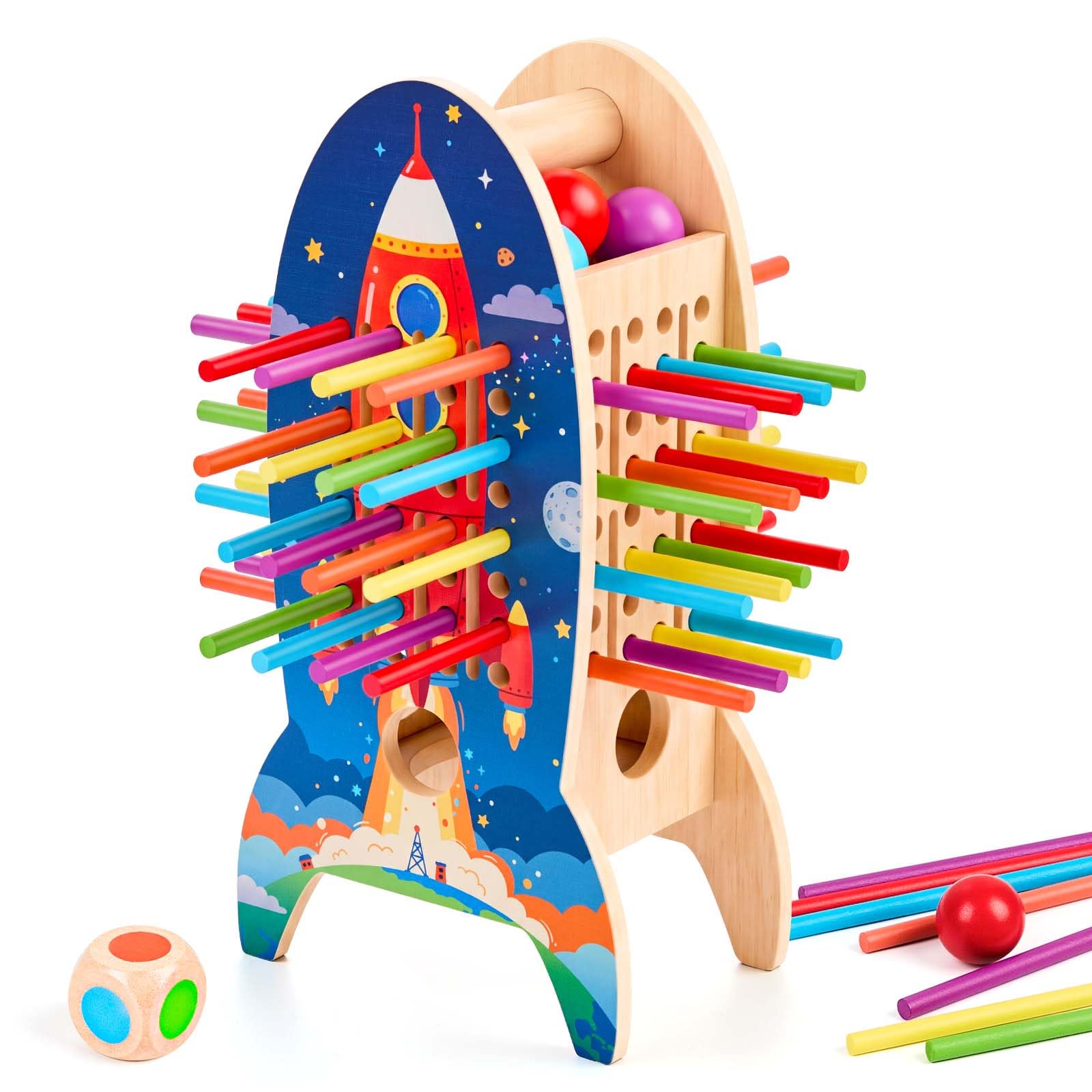 JOEJONI Rocket Montessori Wooden Toy, 36 Colored Wooden Sticks Dice Game, Fine Motor Skills Toy for Kids 3-6, Logic Patience Family Board Game