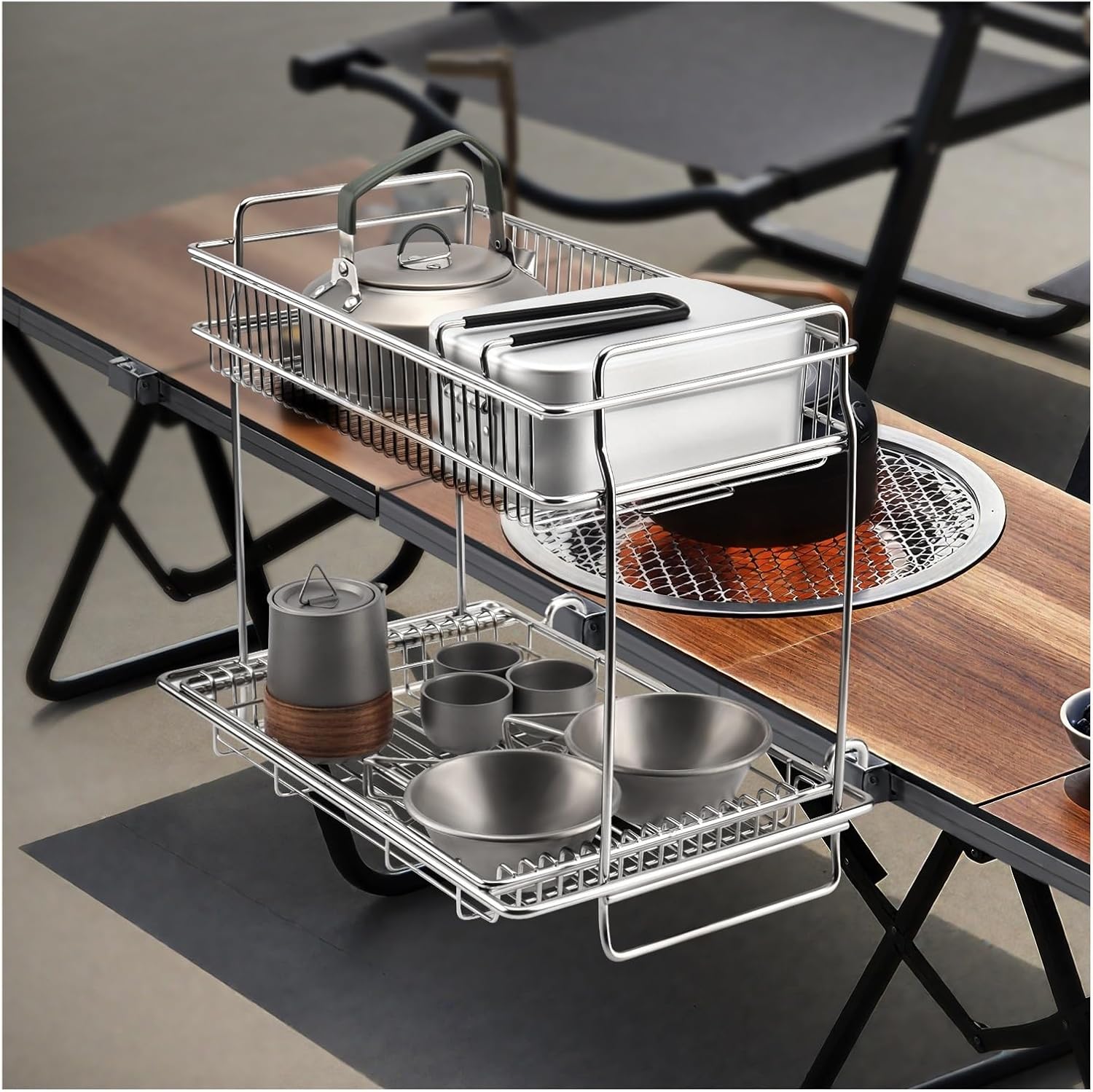 Compatible for Outdoor IGT Double Layer Storage Rack Table Desktop Side Expansion Camping Drain Basket Folding Tableside Hanger