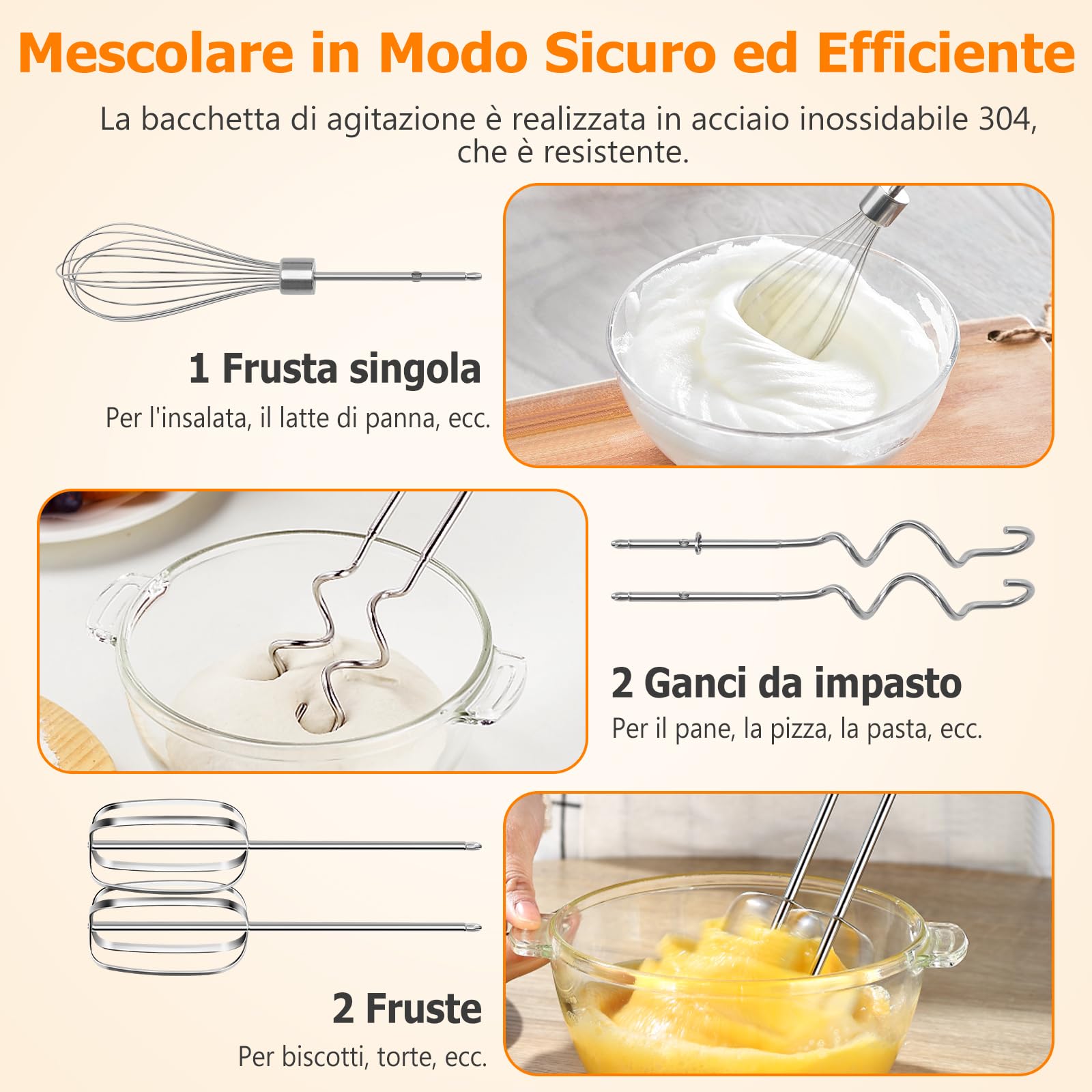 Aigostar Pudding - Sbattitore Elettrico, 6 Velocità e Turbo, Frusta Elettrica, 400W, Miscelazione Silenziosa. Dotato di 2 Fruste, 2 Ganci Impastatori, frusta e contenitore.