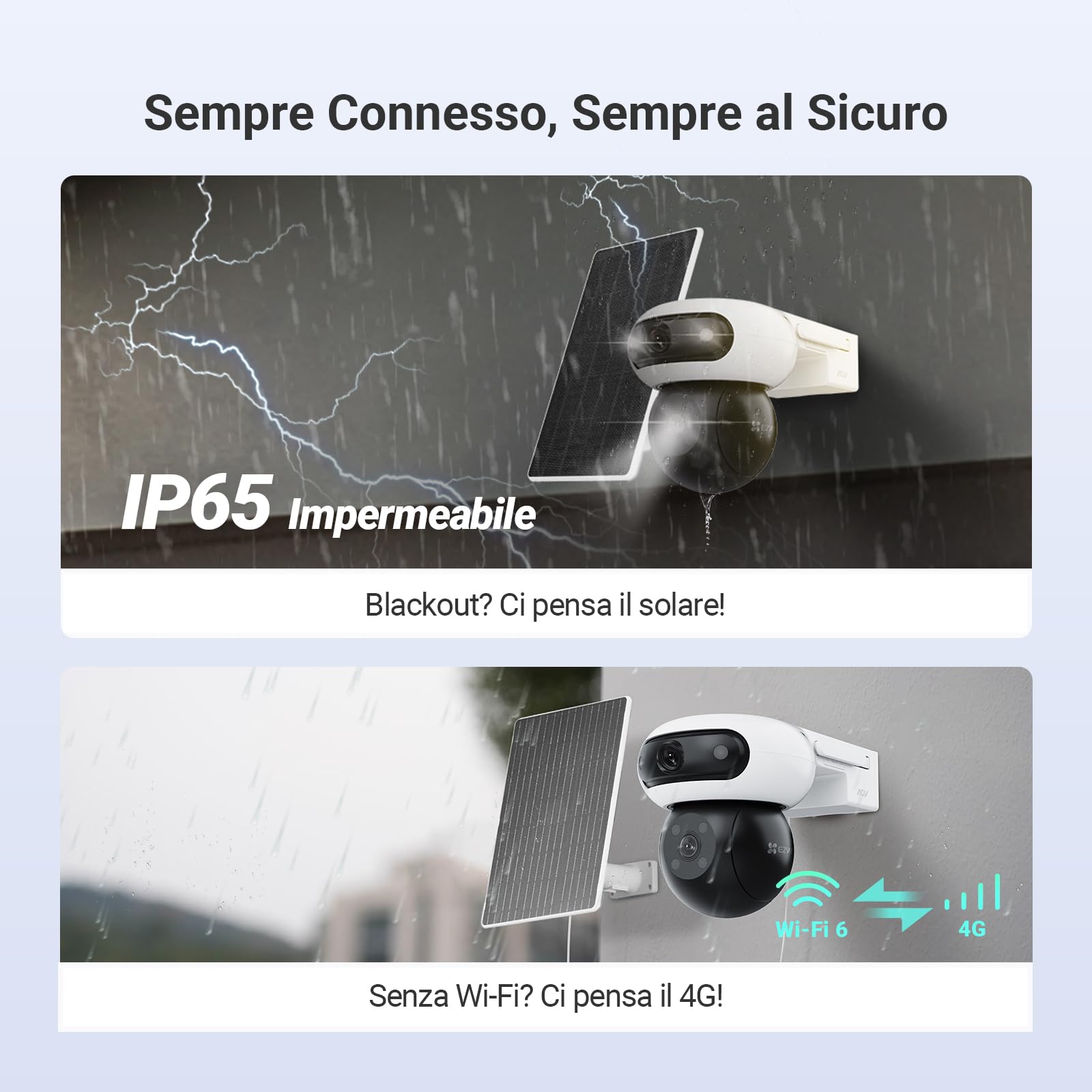 EZVIZ 4G LTE Telecamera Esterno con Doppia Lente Motorizzata, 4MP+4MP Batteria 10400mAh con Pannello Solare, AOV, Visione Notturna a Colori, Rilevamento Persone/Veicoli, Audio Bidirezionale, CB90x Kit
