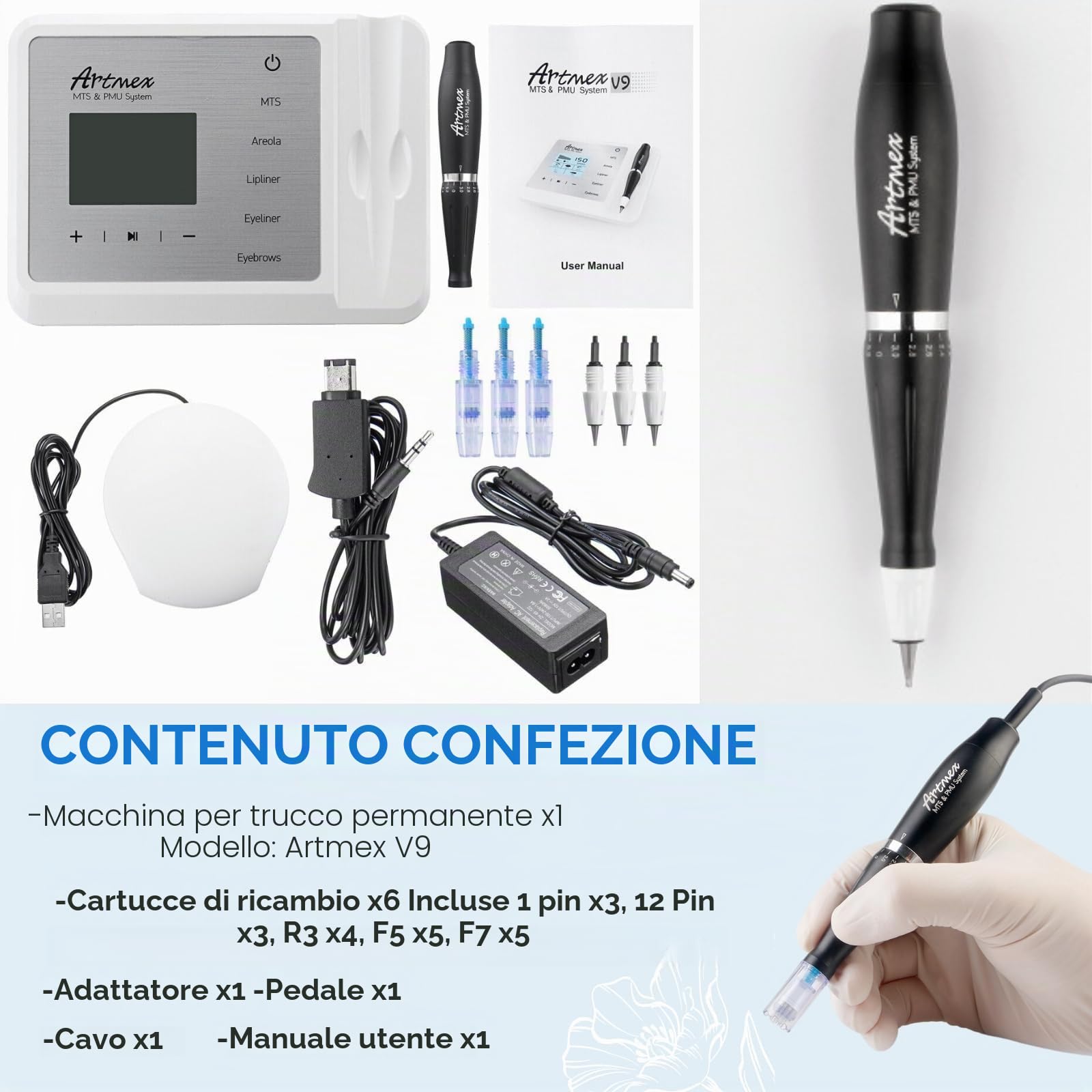 Macchina per Trucco Permanente e Tatuaggi Artmex V9 con 20 pz di Ricambio per Aghi, Kit Professionale di Microblading per Sopracciglia, Eyeliner, Labbra, Areola e Trattamento della Cura della Pelle